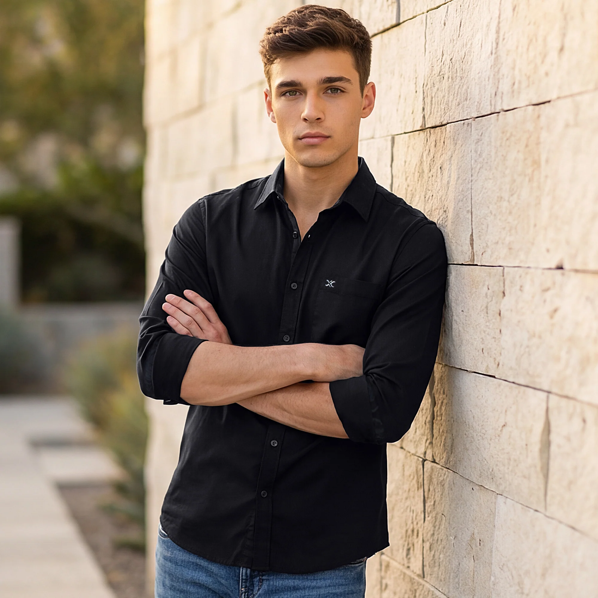 Full Sleeves Slim Fit Black Dobby Structure Button-Down Solid Shirt - Image 2