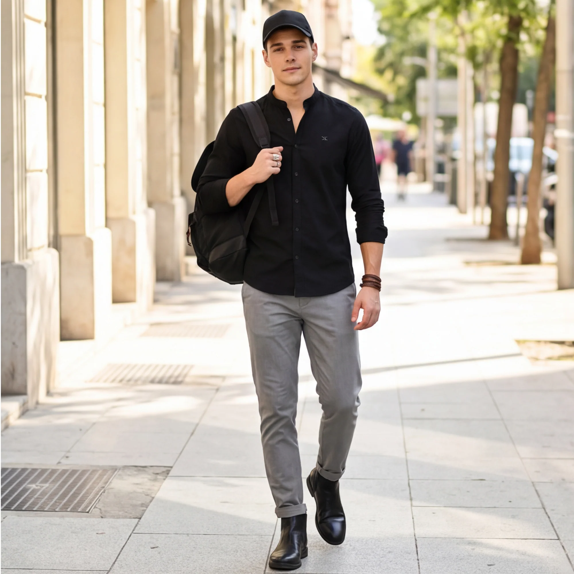 Full Sleeves Slim Fit Black Dobby Structure Mandarine Collar Solid Shirt