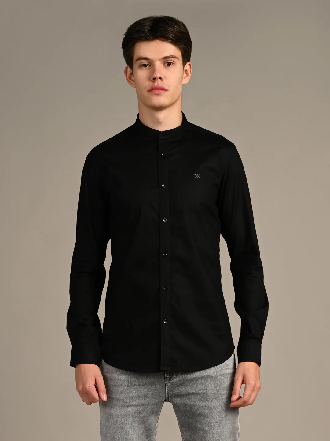 Full Sleeves Slim Fit Black Dobby Structure Mandarine Collar Solid Shirt - Image 4