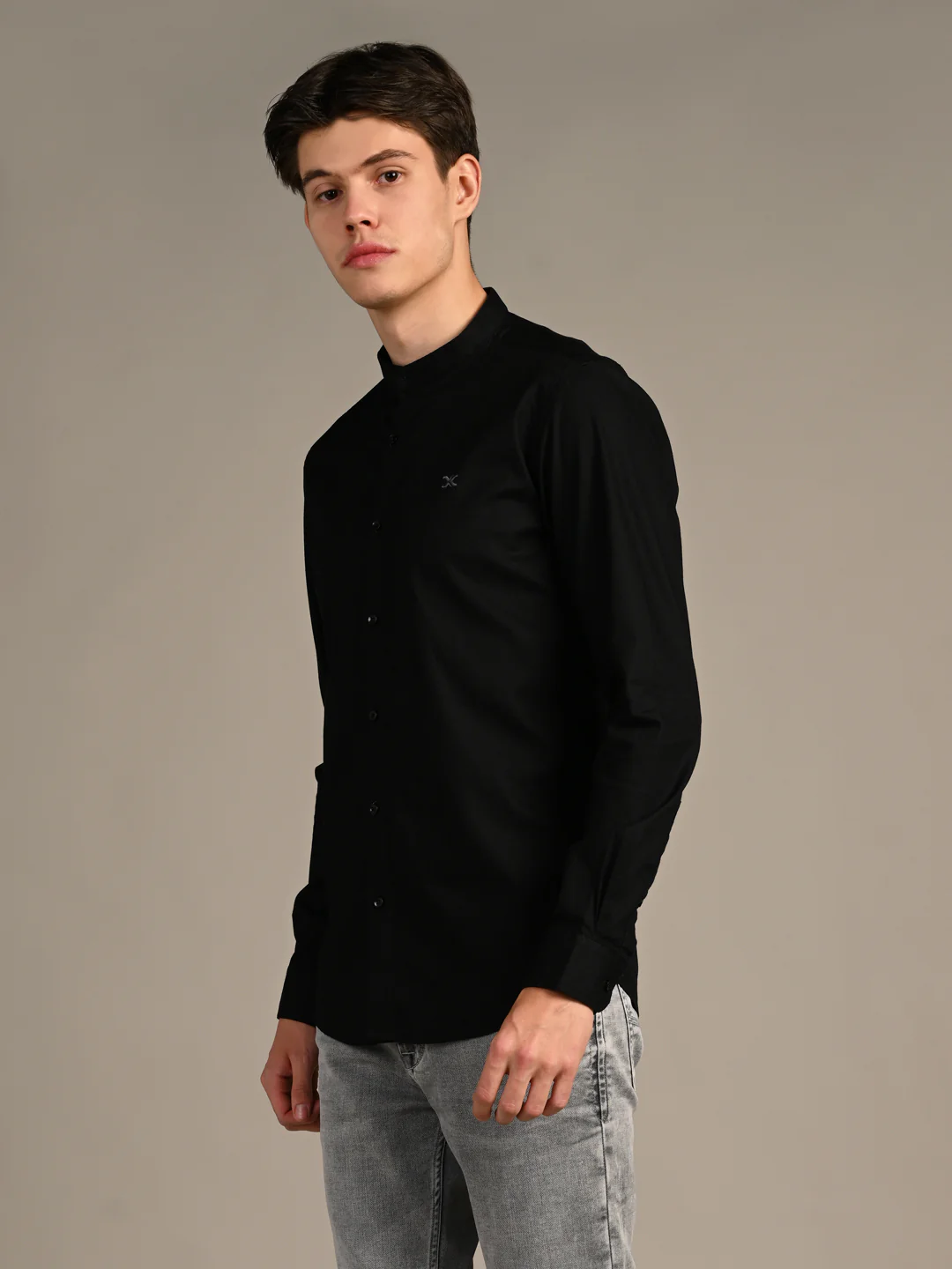 Full Sleeves Slim Fit Black Dobby Structure Mandarine Collar Solid Shirt - Image 6