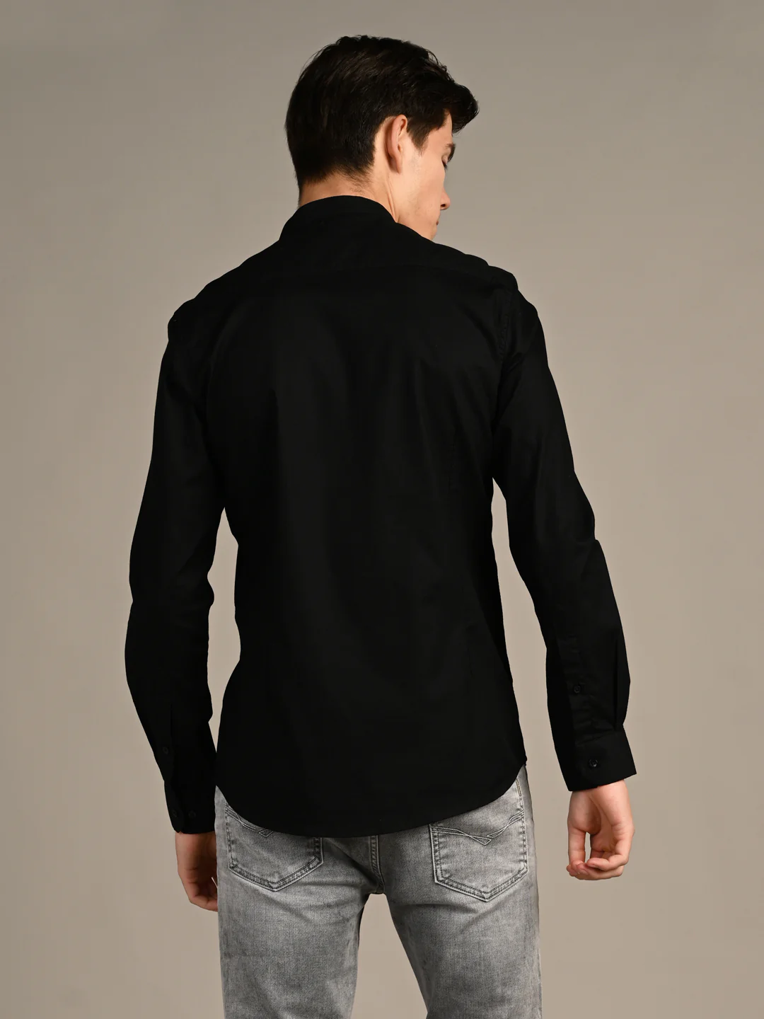 Full Sleeves Slim Fit Black Dobby Structure Mandarine Collar Solid Shirt - Image 7