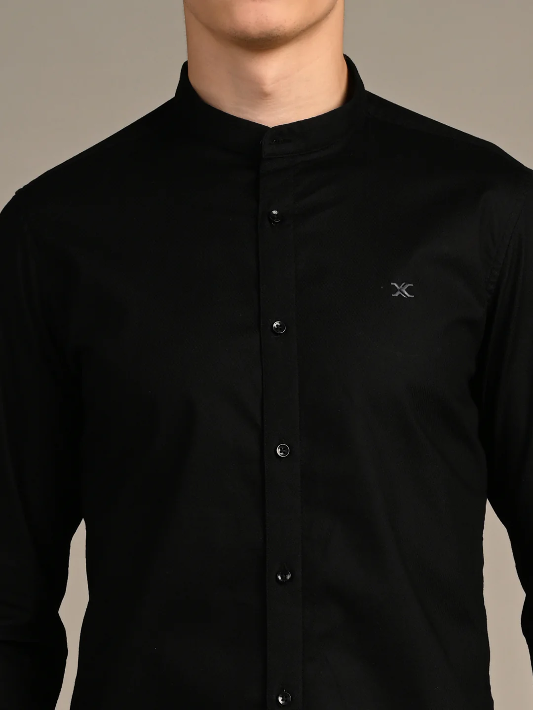 Full Sleeves Slim Fit Black Dobby Structure Mandarine Collar Solid Shirt - Image 8