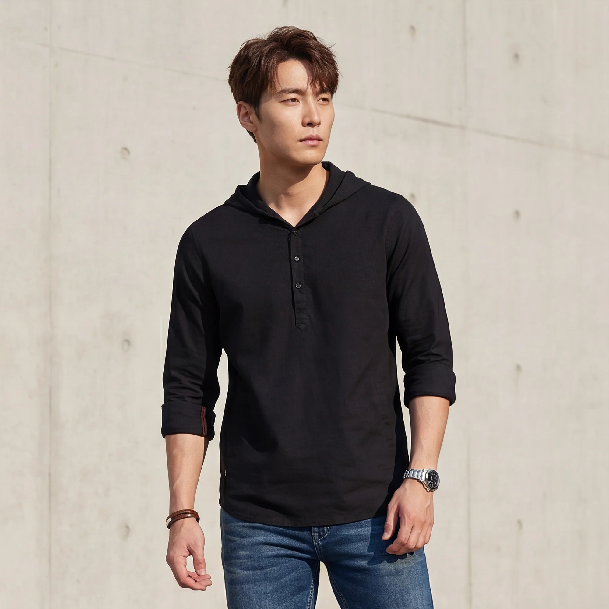Full sleeves Slim Fit Black Kurta Placket Hoodie Solid Shirt - Image 2