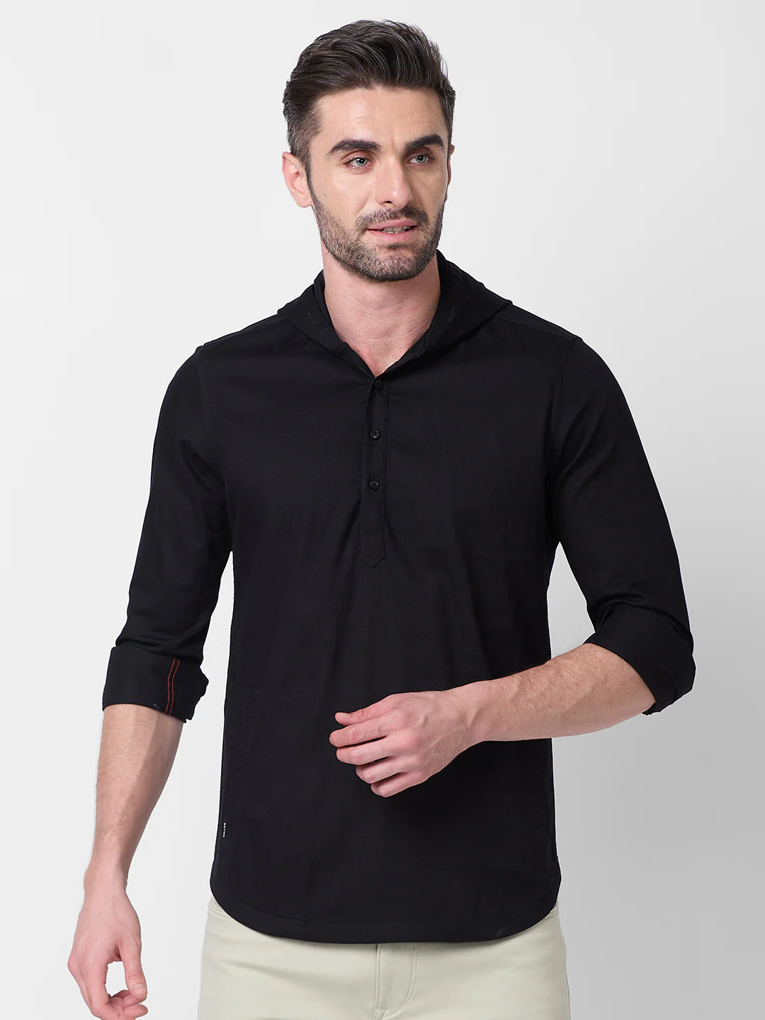 Full sleeves Slim Fit Black Kurta Placket Hoodie Solid Shirt - Image 3