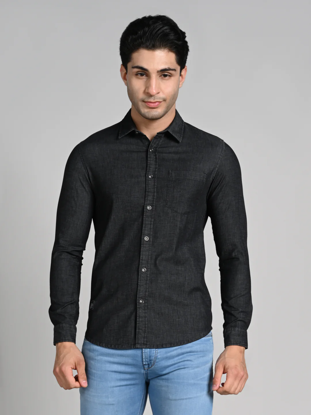 Full Sleeves Slim Fit Black Dark Wash Denim Solid Shirt - Image 4