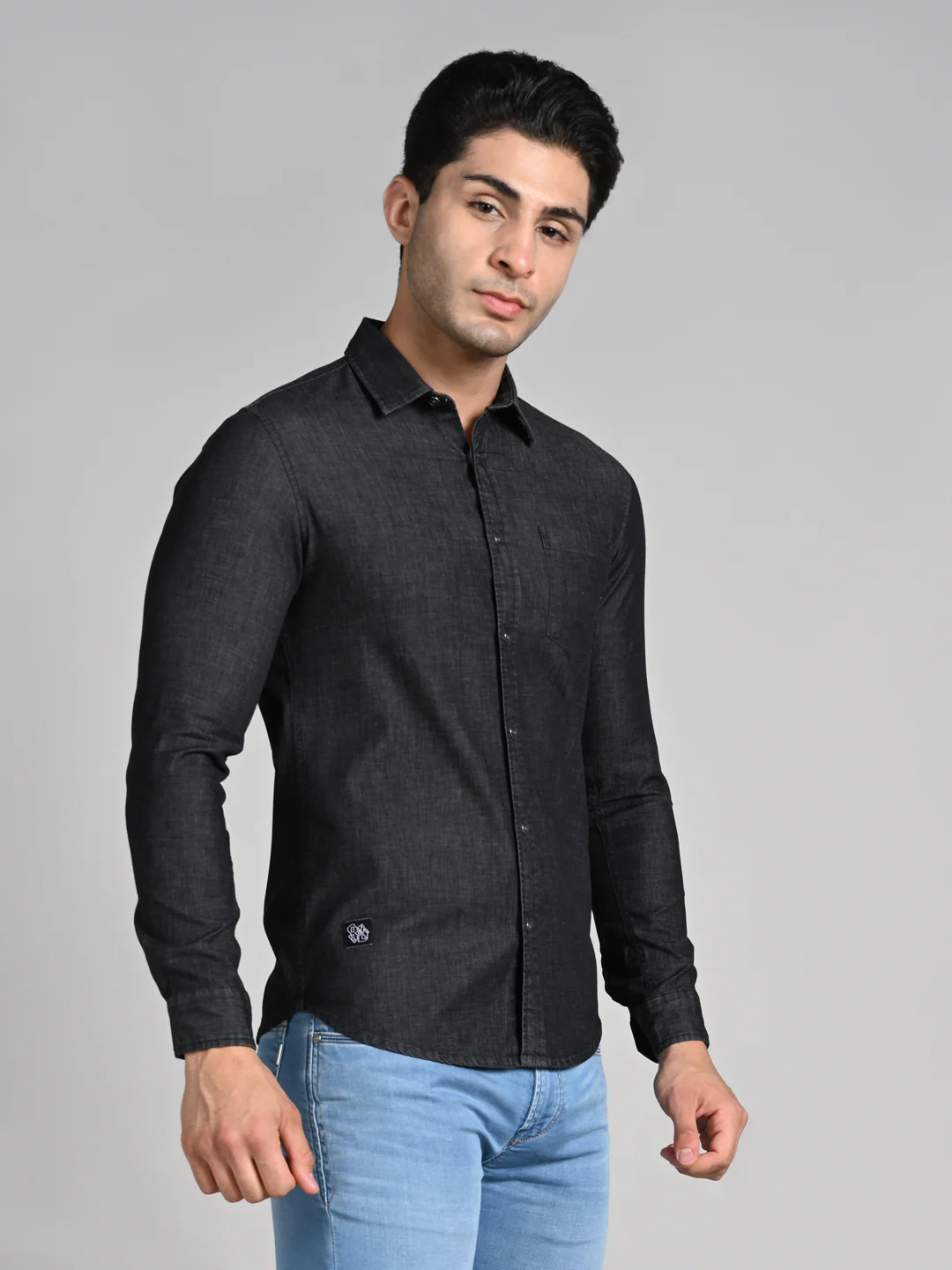 Full Sleeves Slim Fit Black Dark Wash Denim Solid Shirt - Image 5