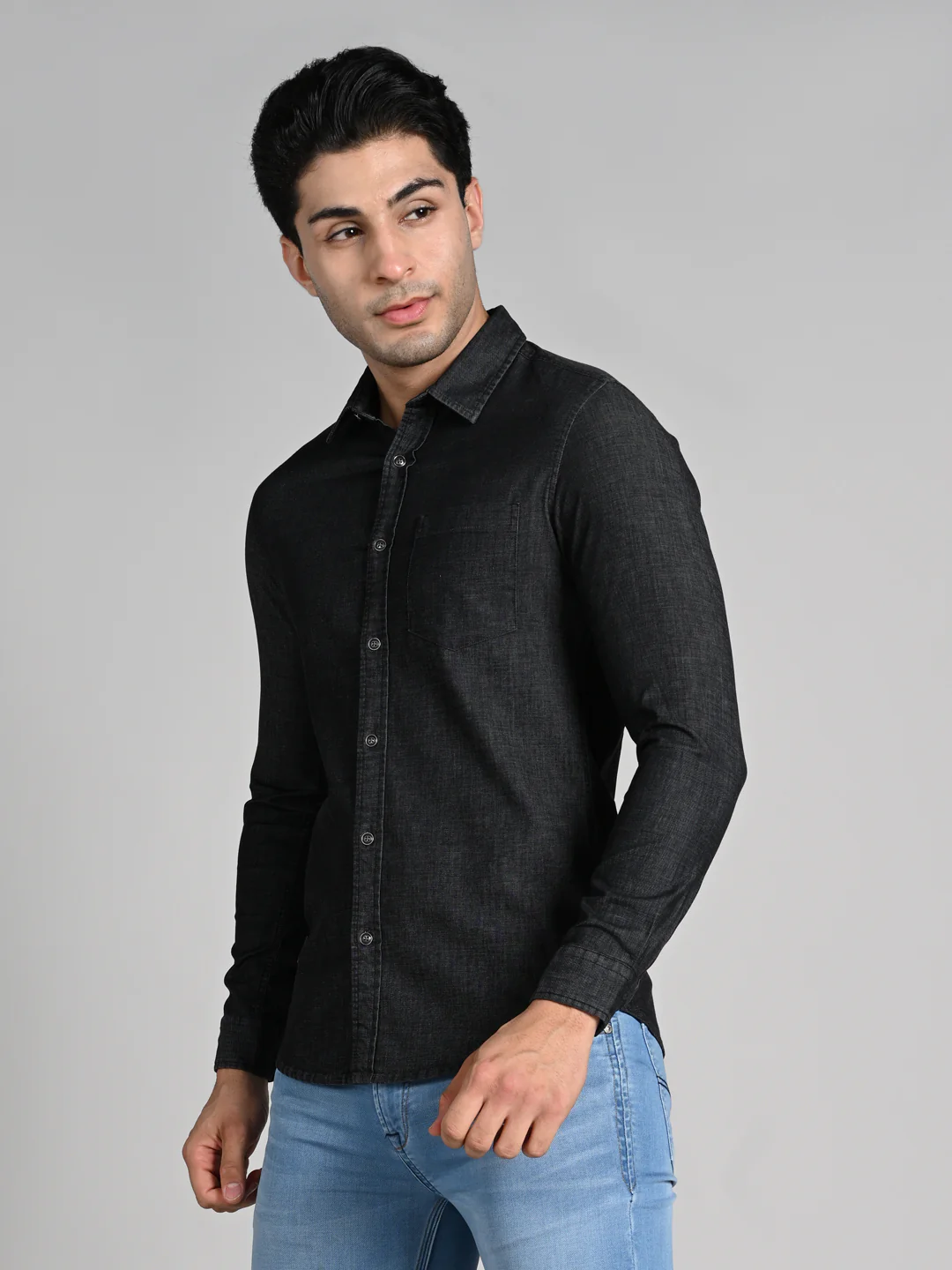Full Sleeves Slim Fit Black Dark Wash Denim Solid Shirt - Image 6