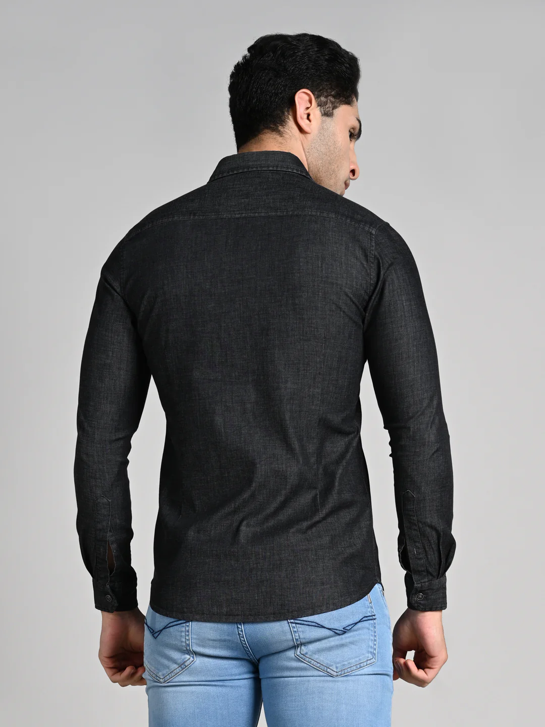 Full Sleeves Slim Fit Black Dark Wash Denim Solid Shirt - Image 7