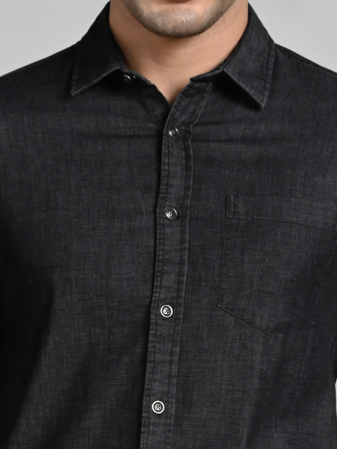 Full Sleeves Slim Fit Black Dark Wash Denim Solid Shirt - Image 8