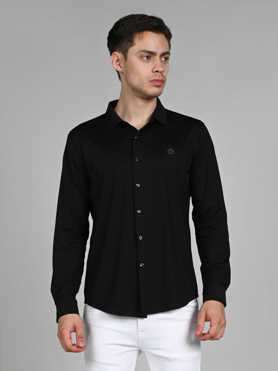 Full Sleeves Slim Fit Black Textured Solid Knit Shirt - Image 4