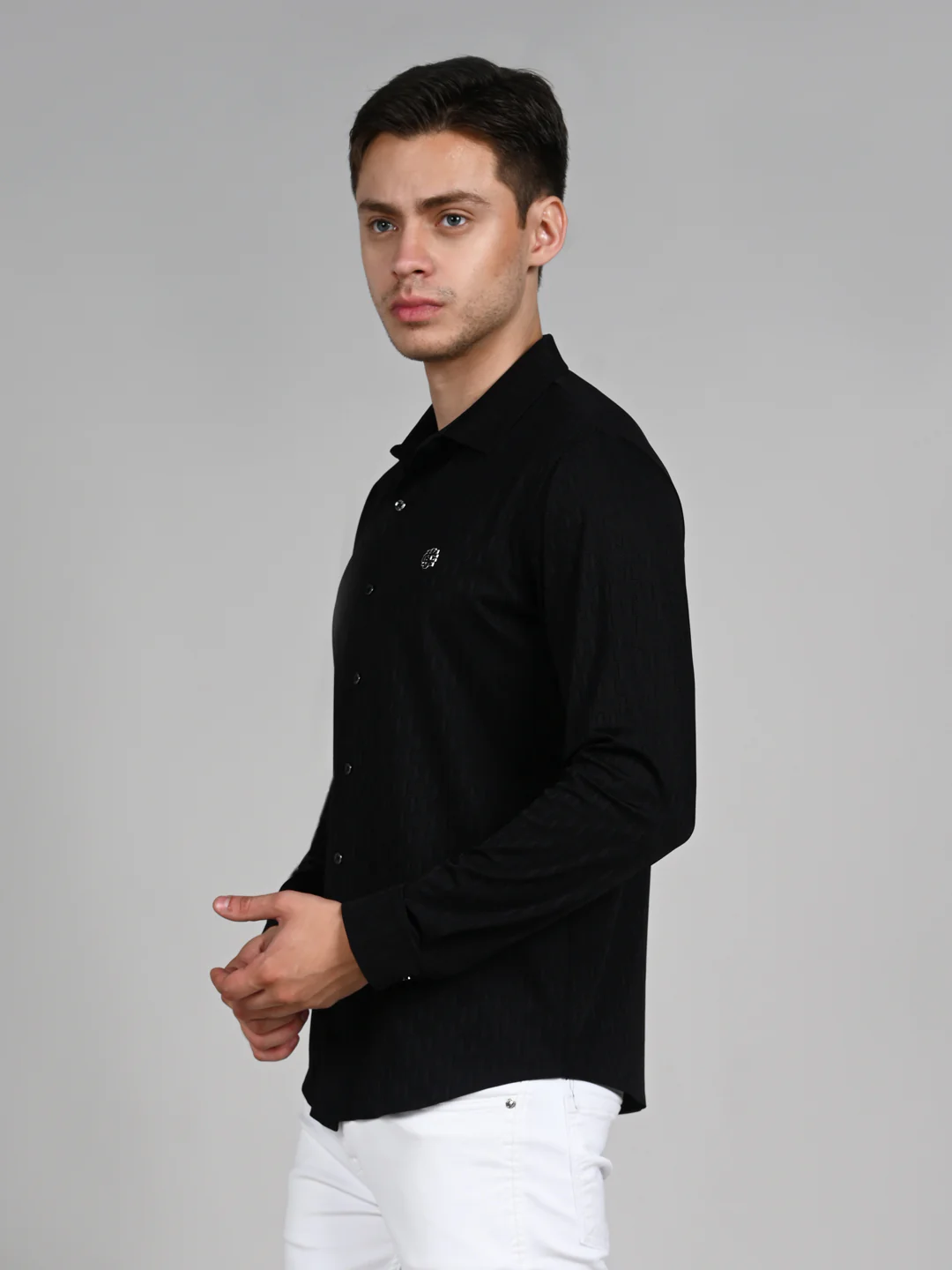 Full Sleeves Slim Fit Black Textured Solid Knit Shirt - Image 5