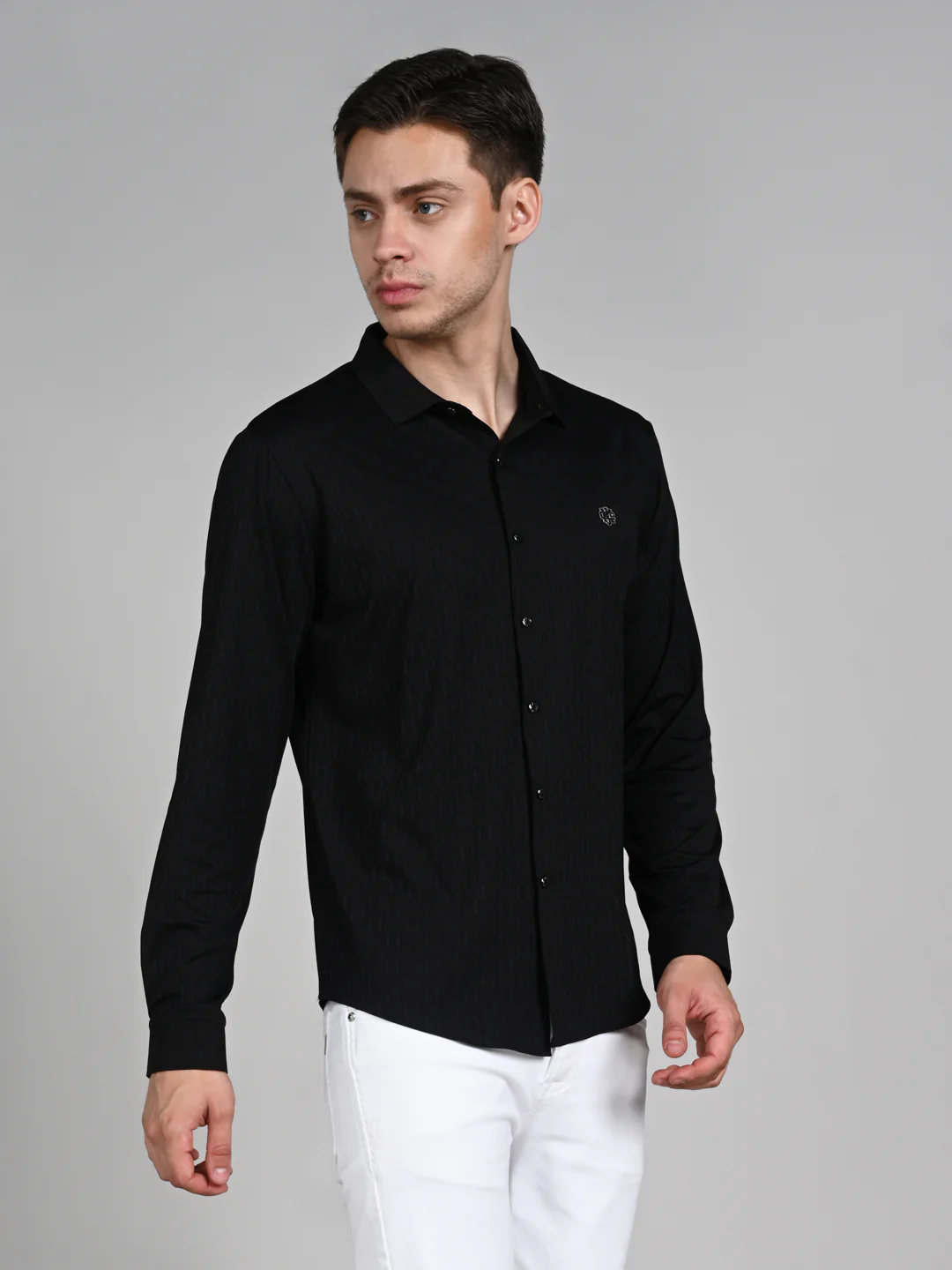 Full Sleeves Slim Fit Black Textured Solid Knit Shirt - Image 6