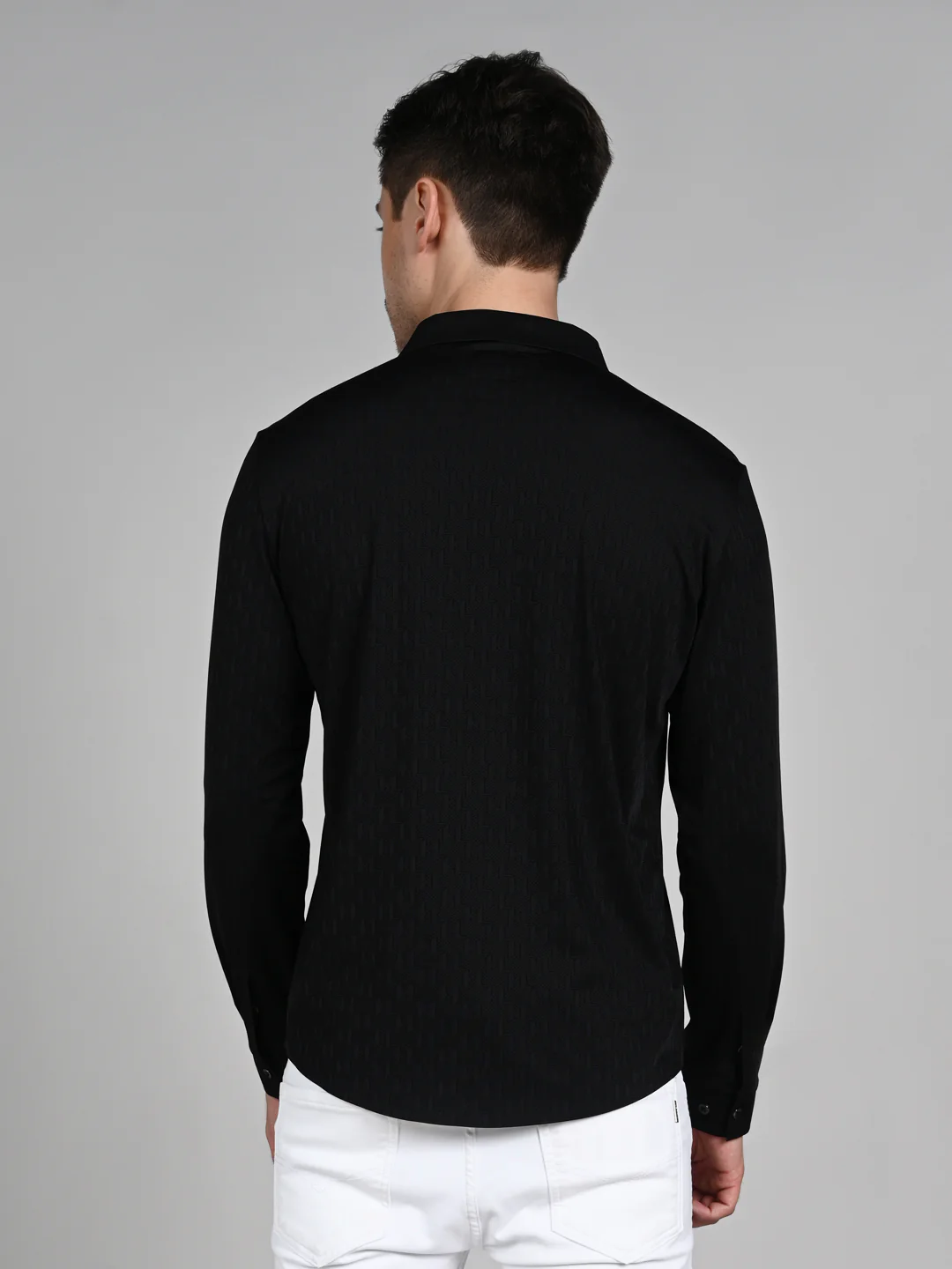 Full Sleeves Slim Fit Black Textured Solid Knit Shirt - Image 7