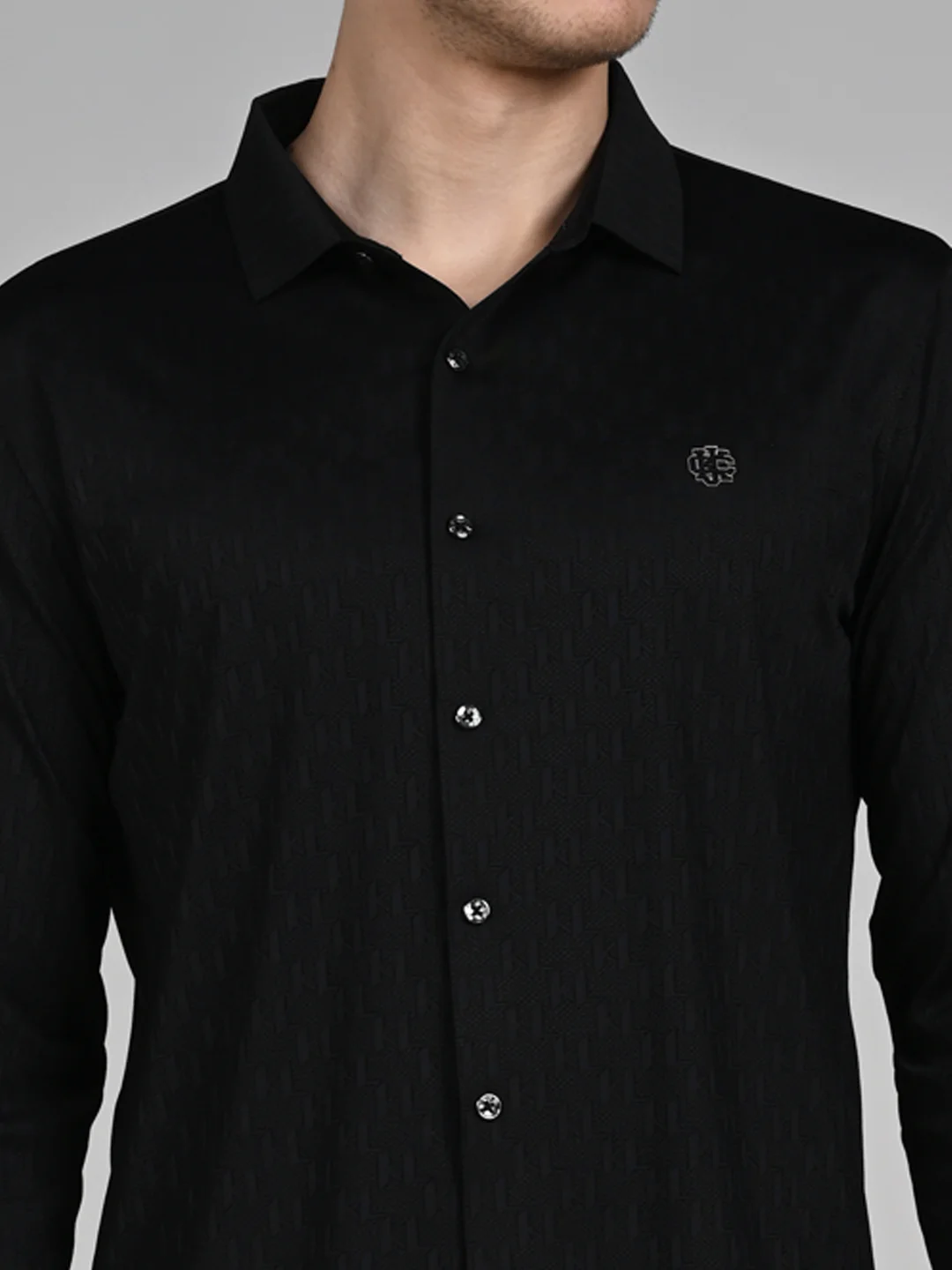 Full Sleeves Slim Fit Black Textured Solid Knit Shirt - Image 8