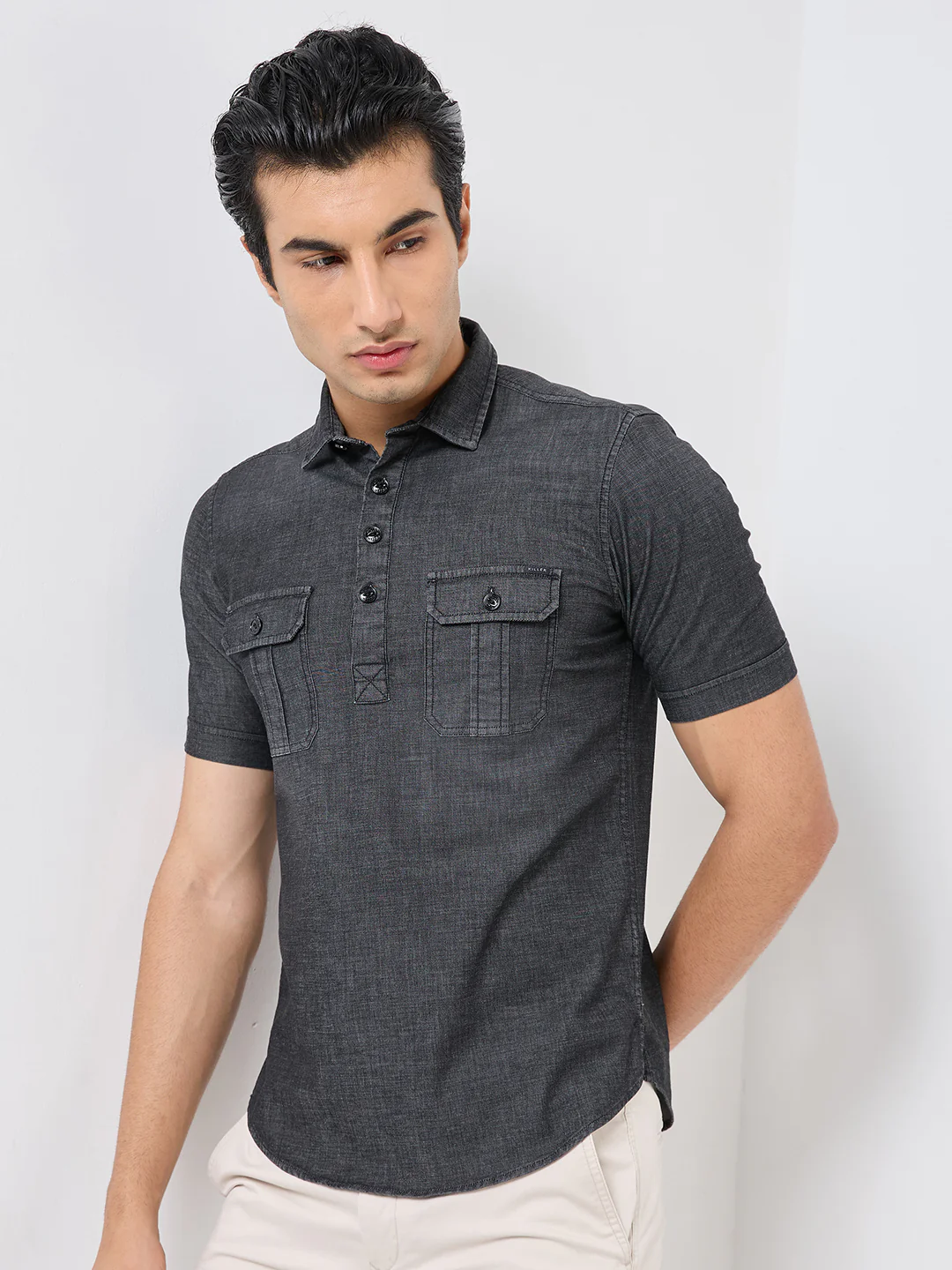 Short sleeves Slim Fit  Mid Black Washed kurta Placket Indigo Solid Shirt - Image 6