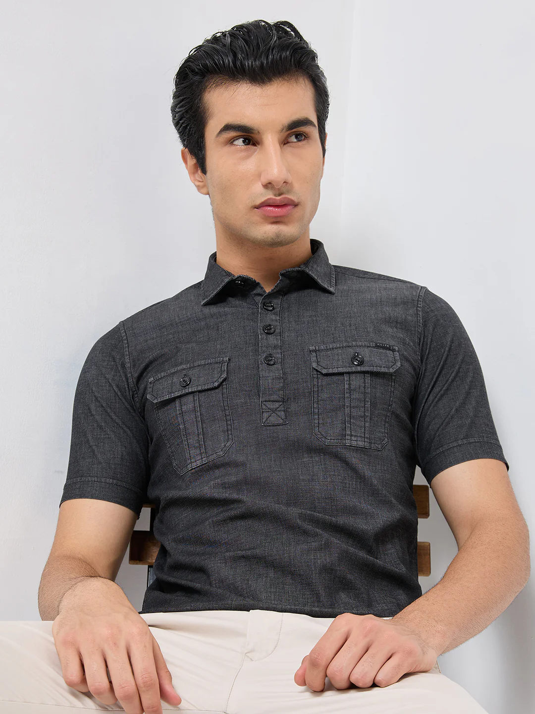 Short sleeves Slim Fit  Mid Black Washed kurta Placket Indigo Solid Shirt - Image 8