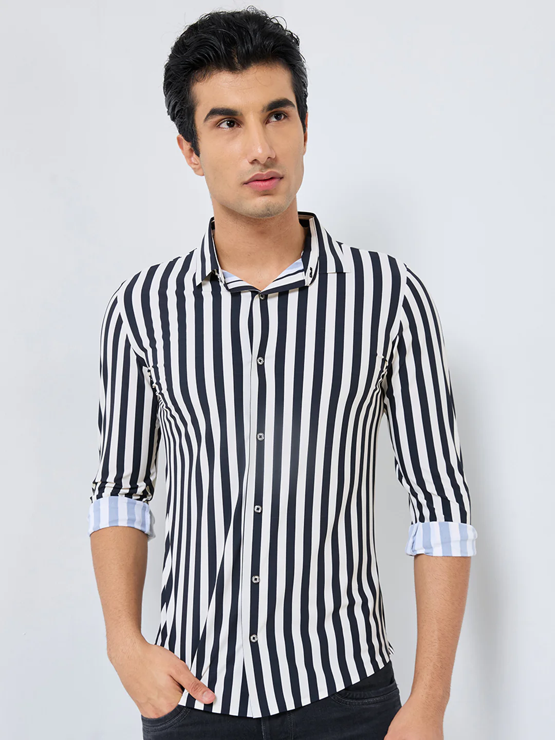 Full Sleeves Slim Fit Black Fine Knit Sail Stripe Shirt - Image 3