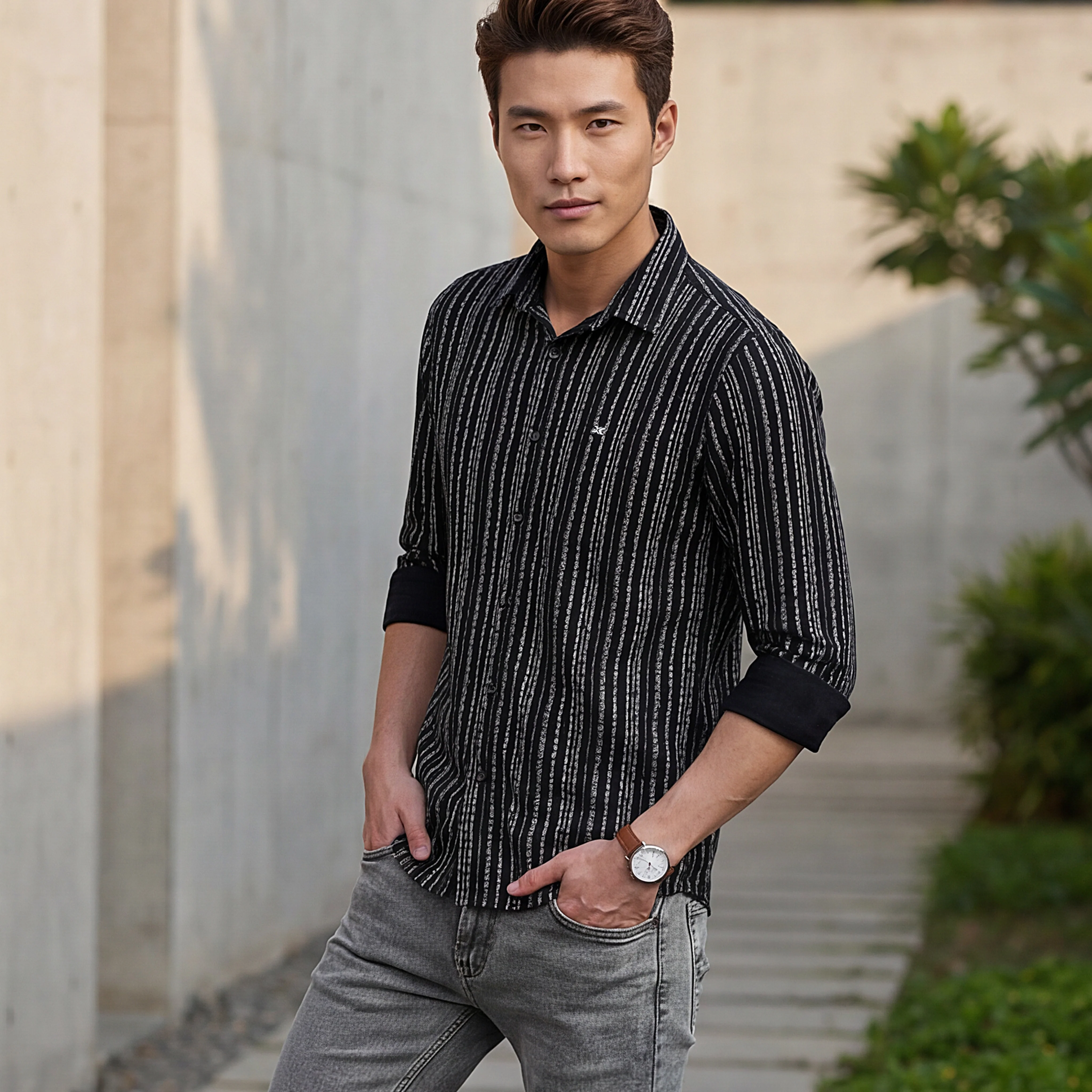 Full sleeves Slim Fit Black Dobby Structure Printed Stripe Shirt - Image 2