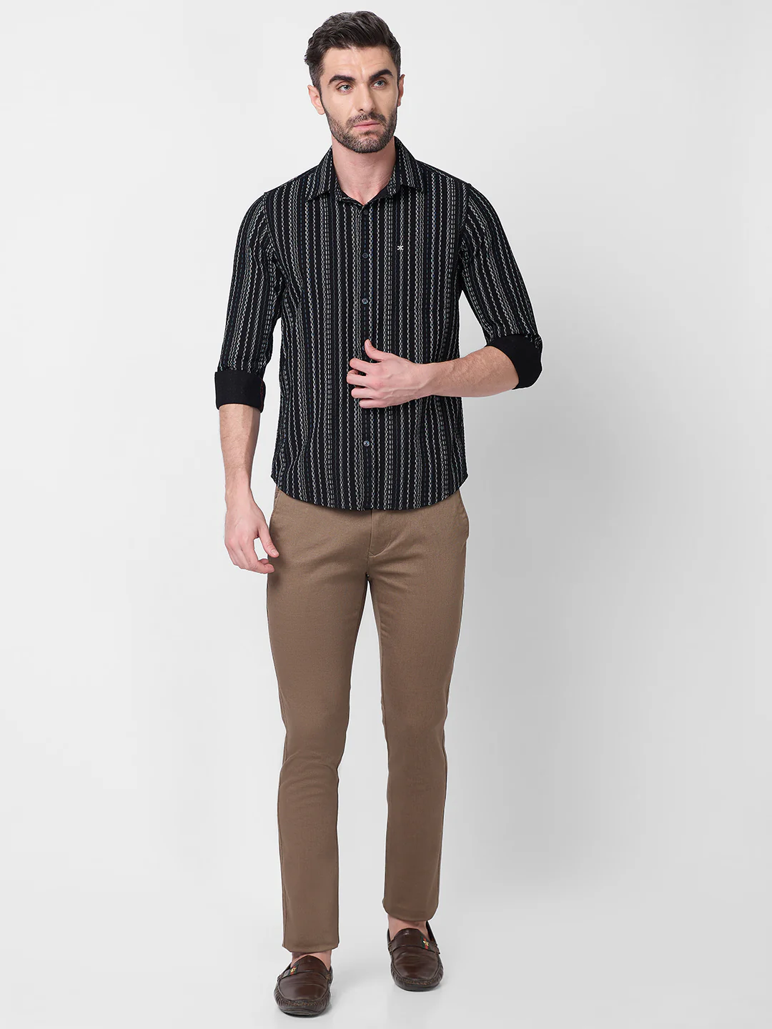 Full sleeves Slim Fit Black Dobby Structure Printed Stripe Shirt - Image 4