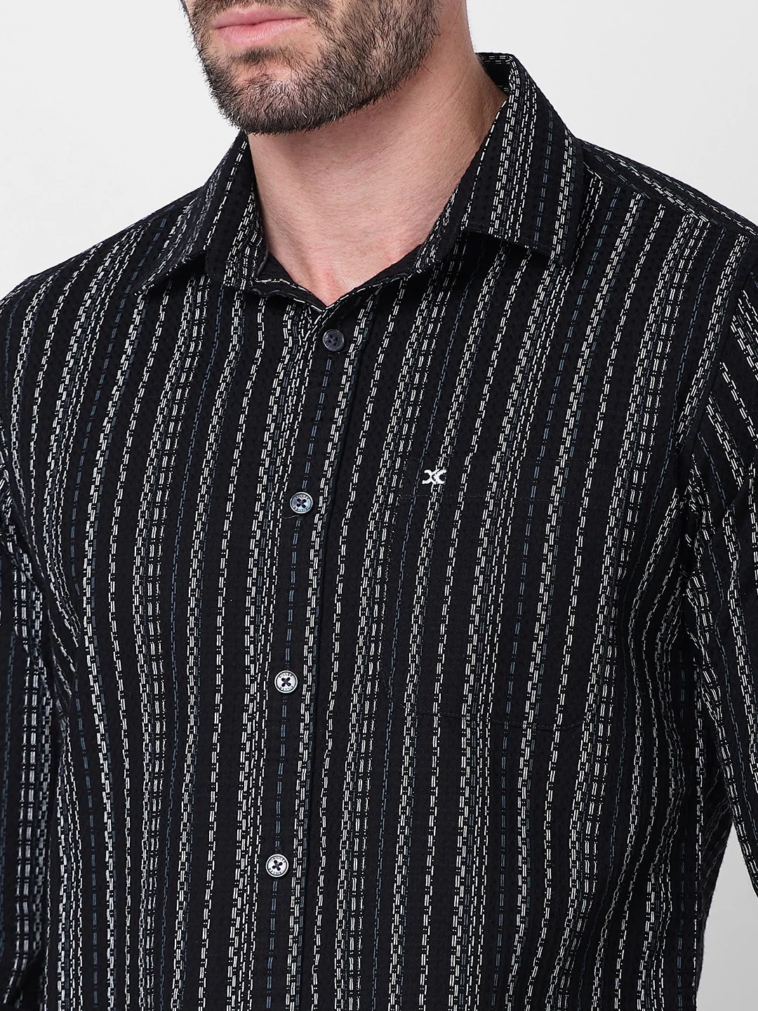 Full sleeves Slim Fit Black Dobby Structure Printed Stripe Shirt - Image 7