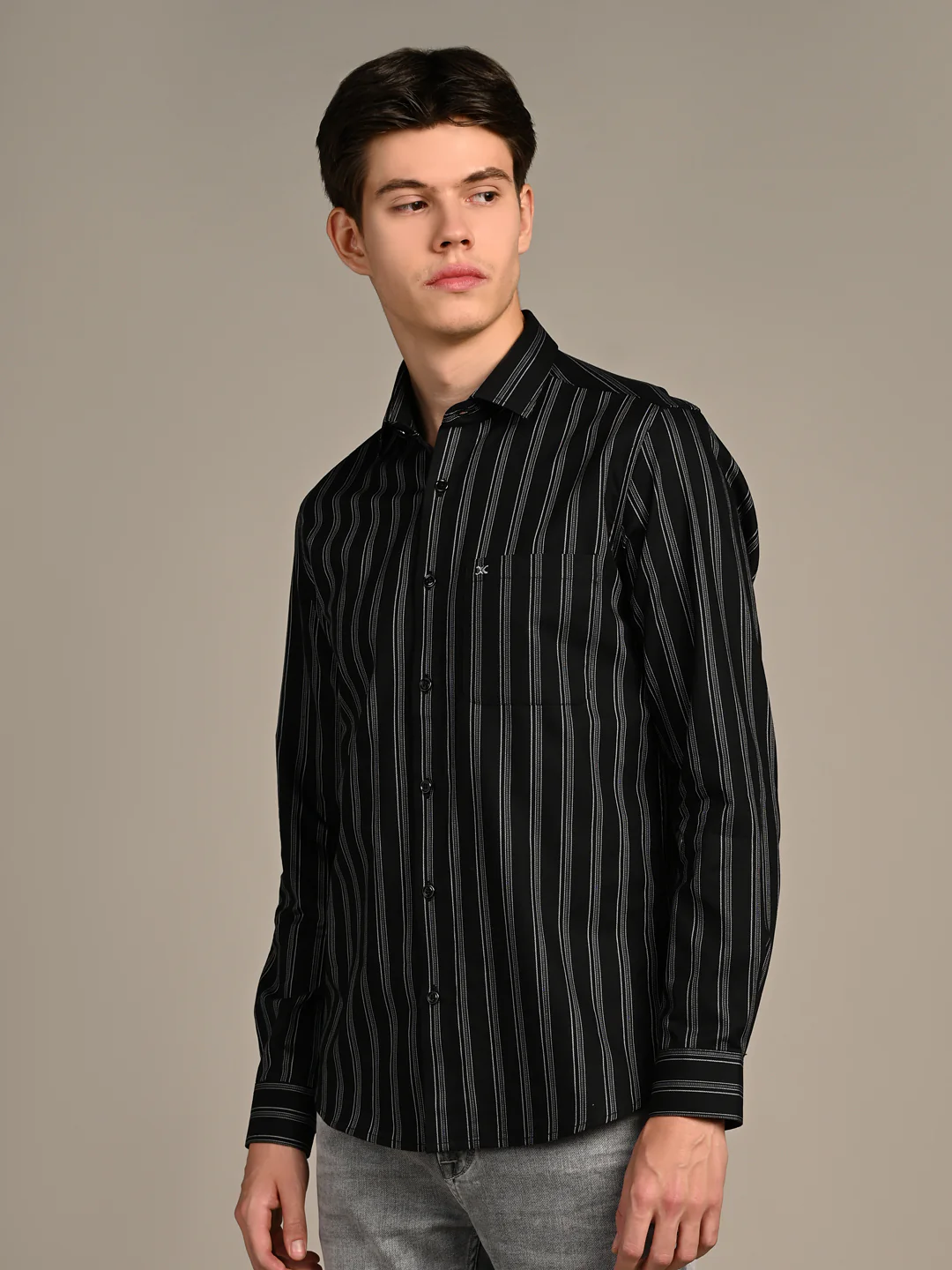 Full Sleeves Slim Fit Black Dobby Structure Striper Shirt - Image 6