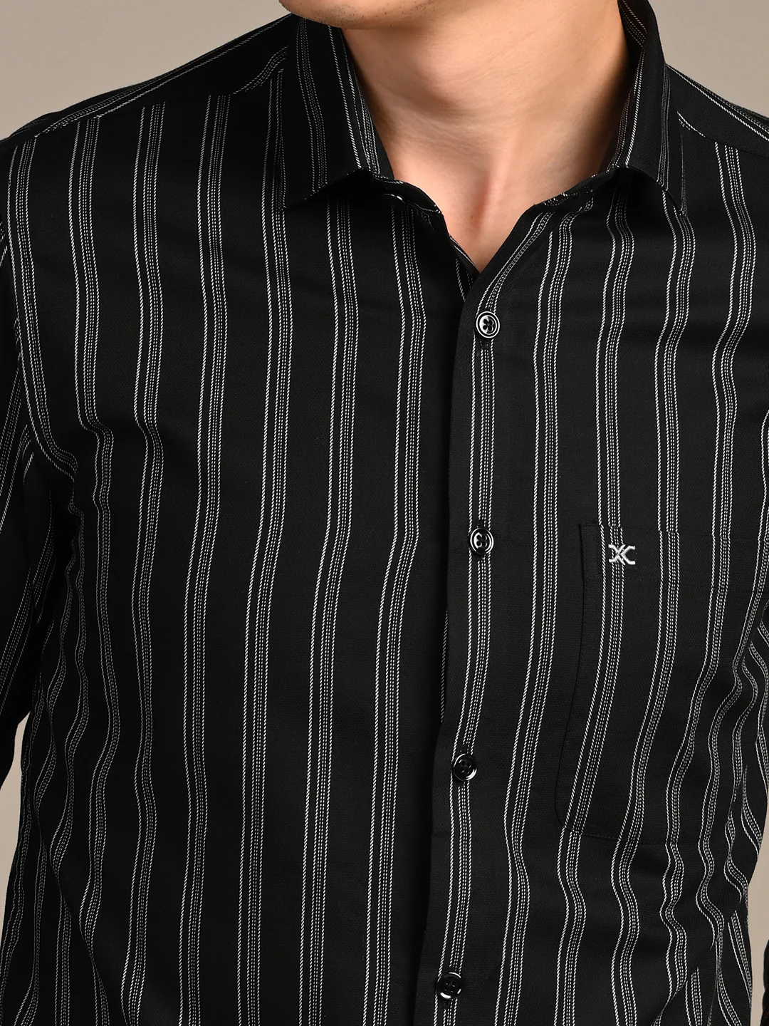 Full Sleeves Slim Fit Black Dobby Structure Striper Shirt - Image 8