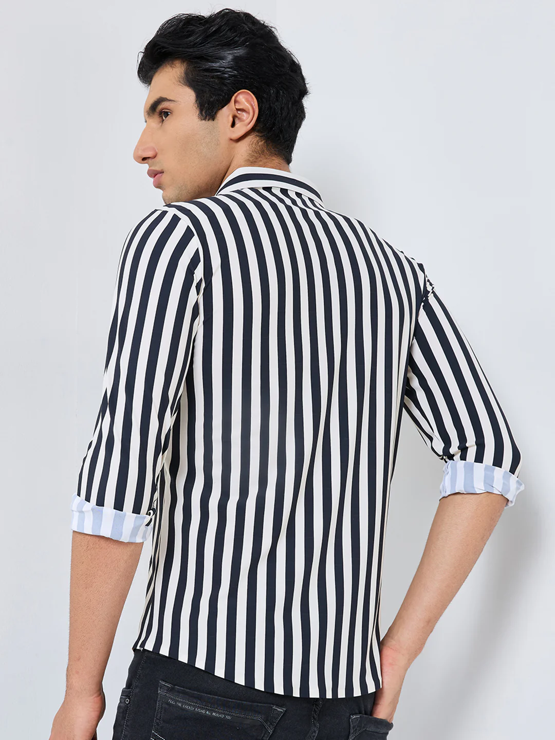 Full Sleeves Slim Fit Black Fine Knit Sail Stripe Shirt - Image 5