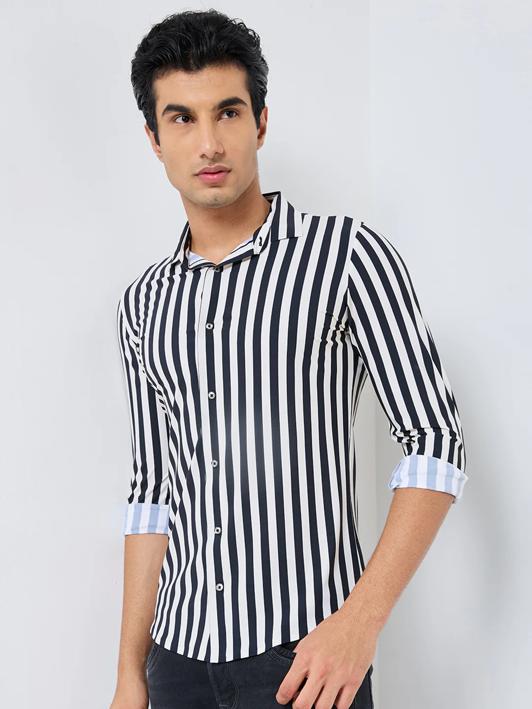 Full Sleeves Slim Fit Black Fine Knit Sail Stripe Shirt - Image 6