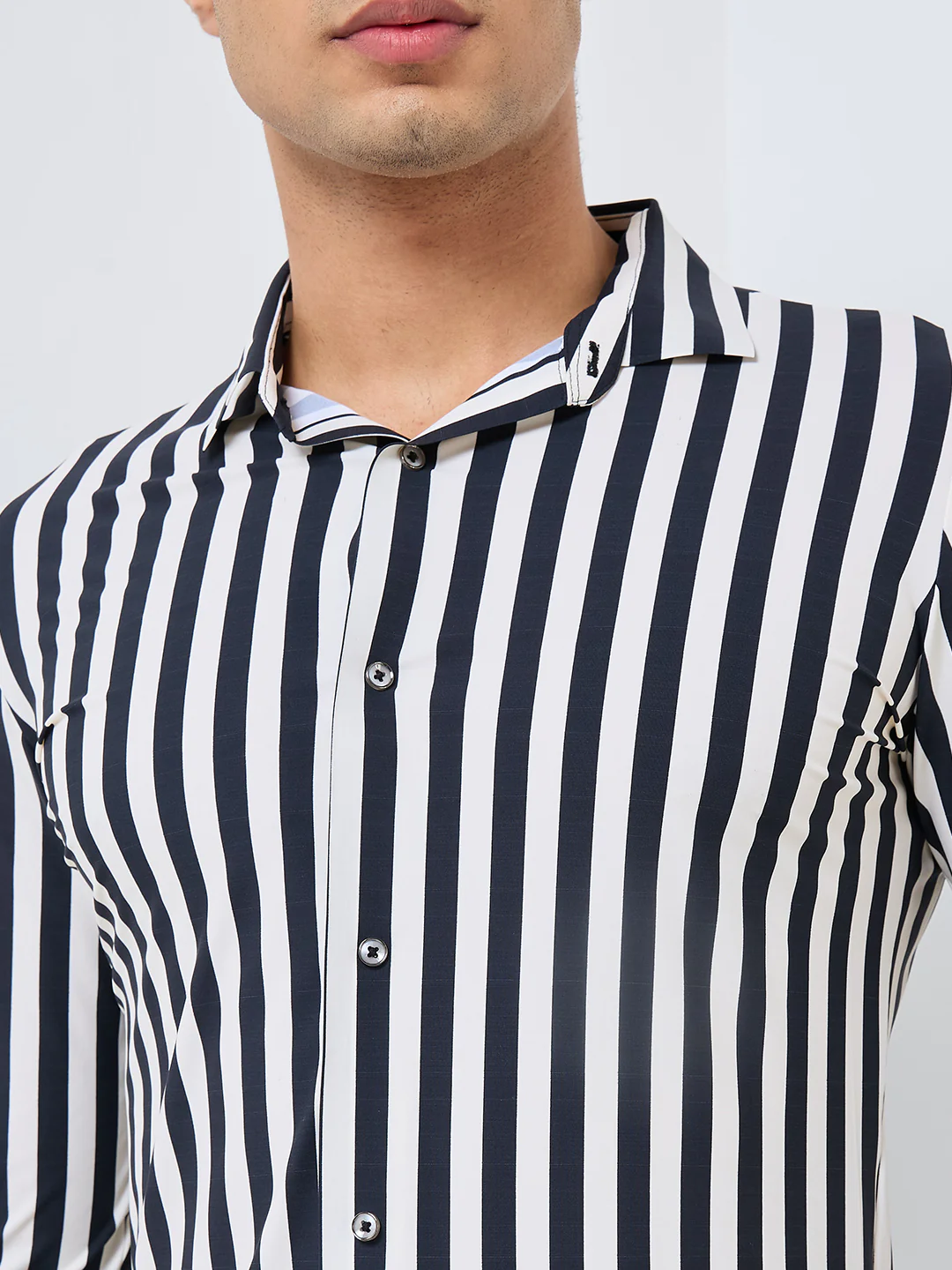 Full Sleeves Slim Fit Black Fine Knit Sail Stripe Shirt - Image 7