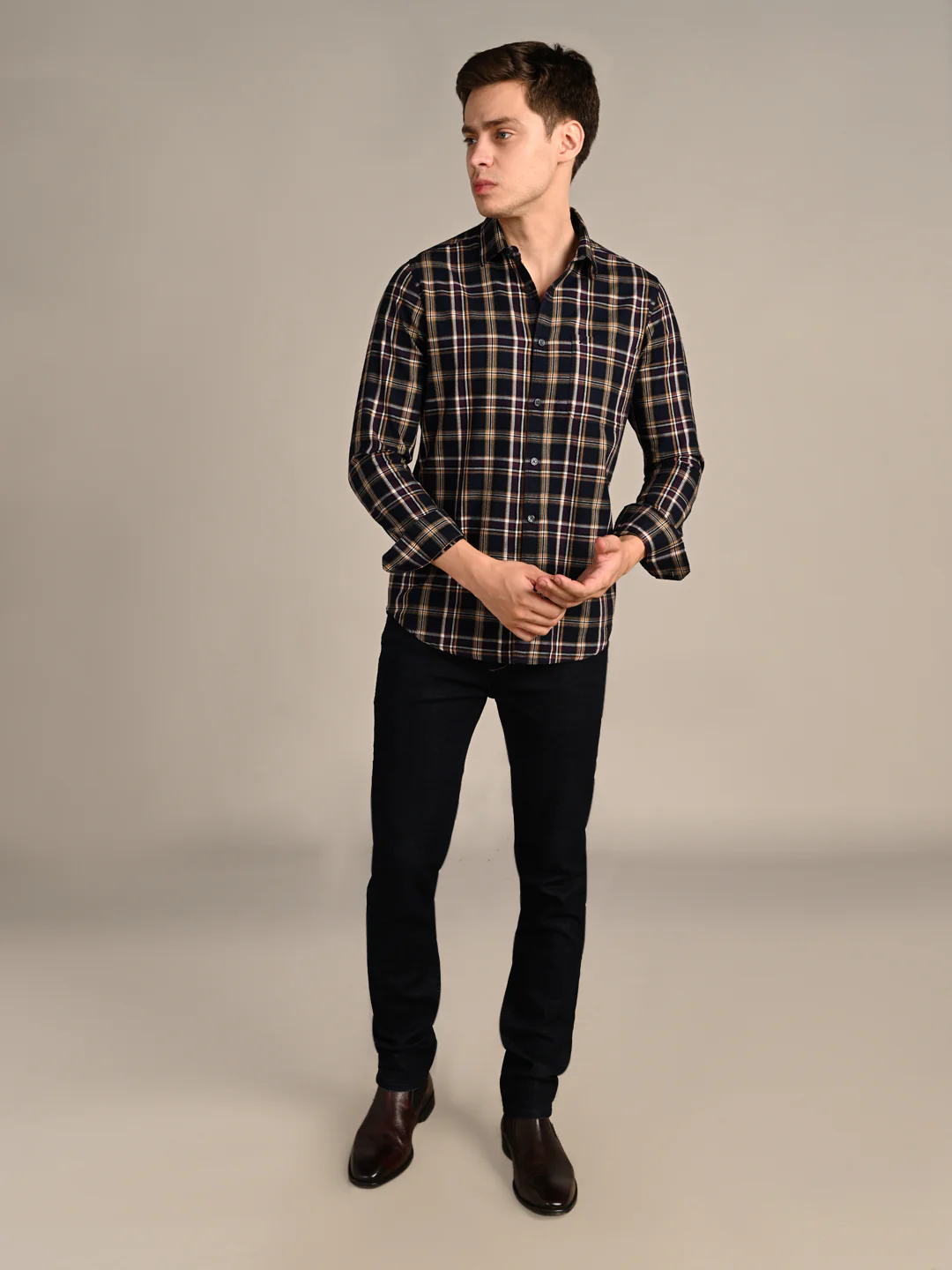 Full Sleeves Staight Fit Navy Oxford Checks Shirt - Image 3