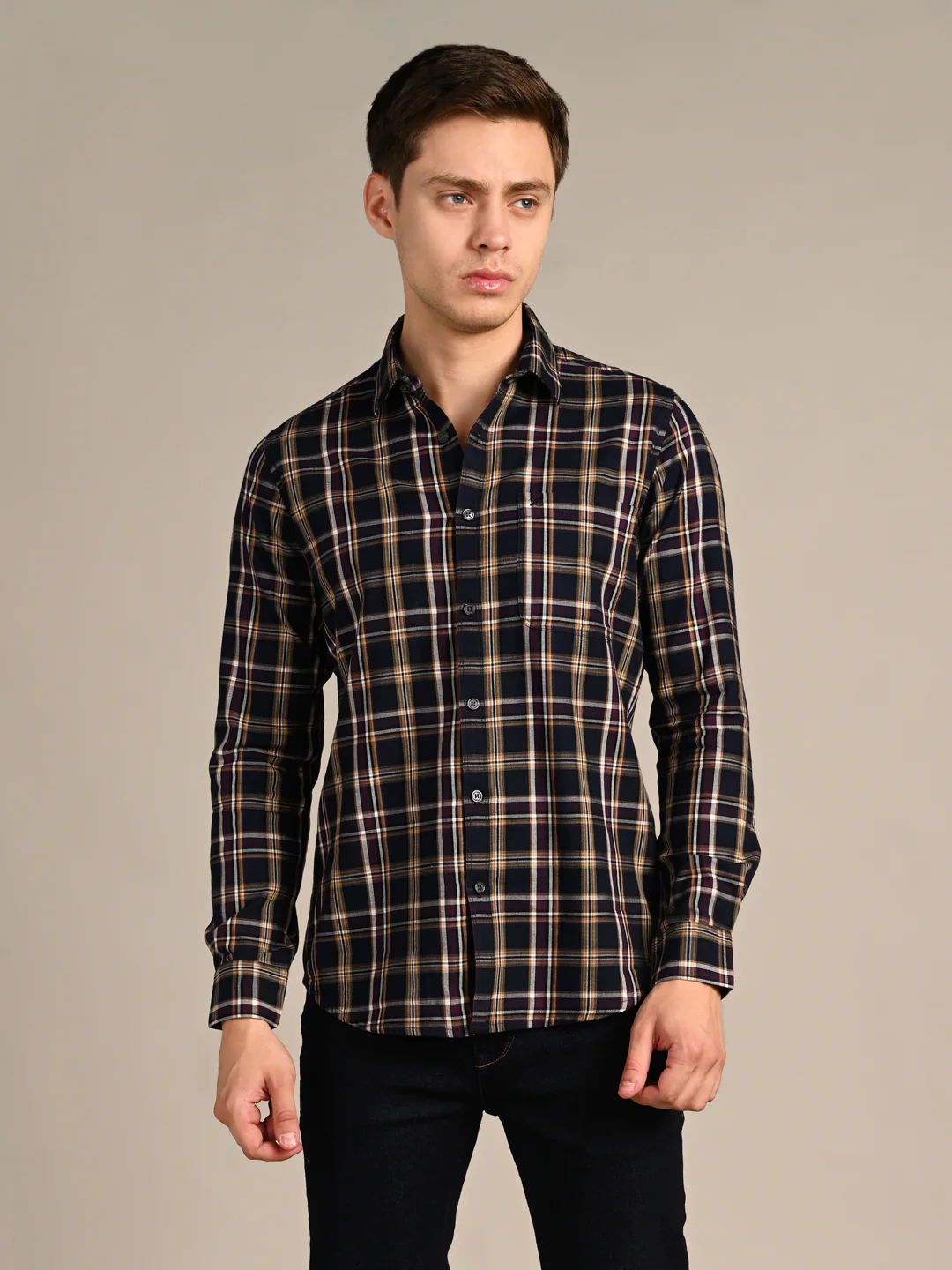 Full Sleeves Staight Fit Navy Oxford Checks Shirt - Image 4