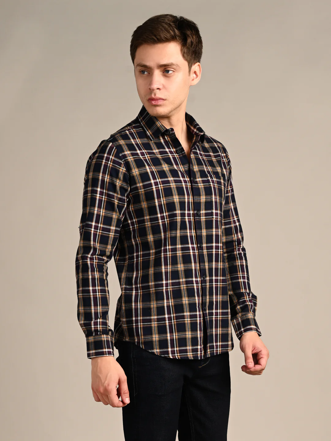 Full Sleeves Staight Fit Navy Oxford Checks Shirt - Image 5