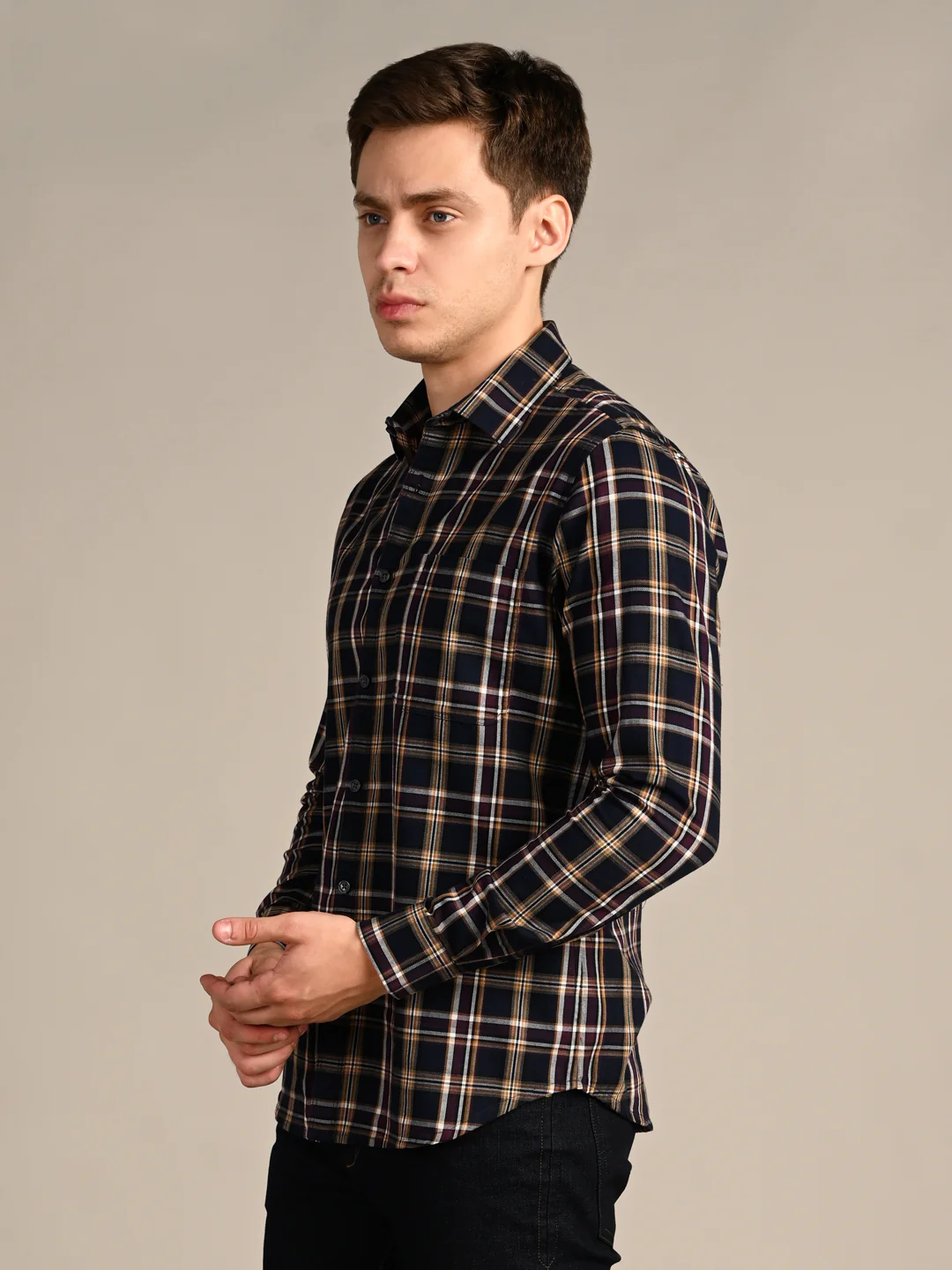 Full Sleeves Staight Fit Navy Oxford Checks Shirt - Image 6