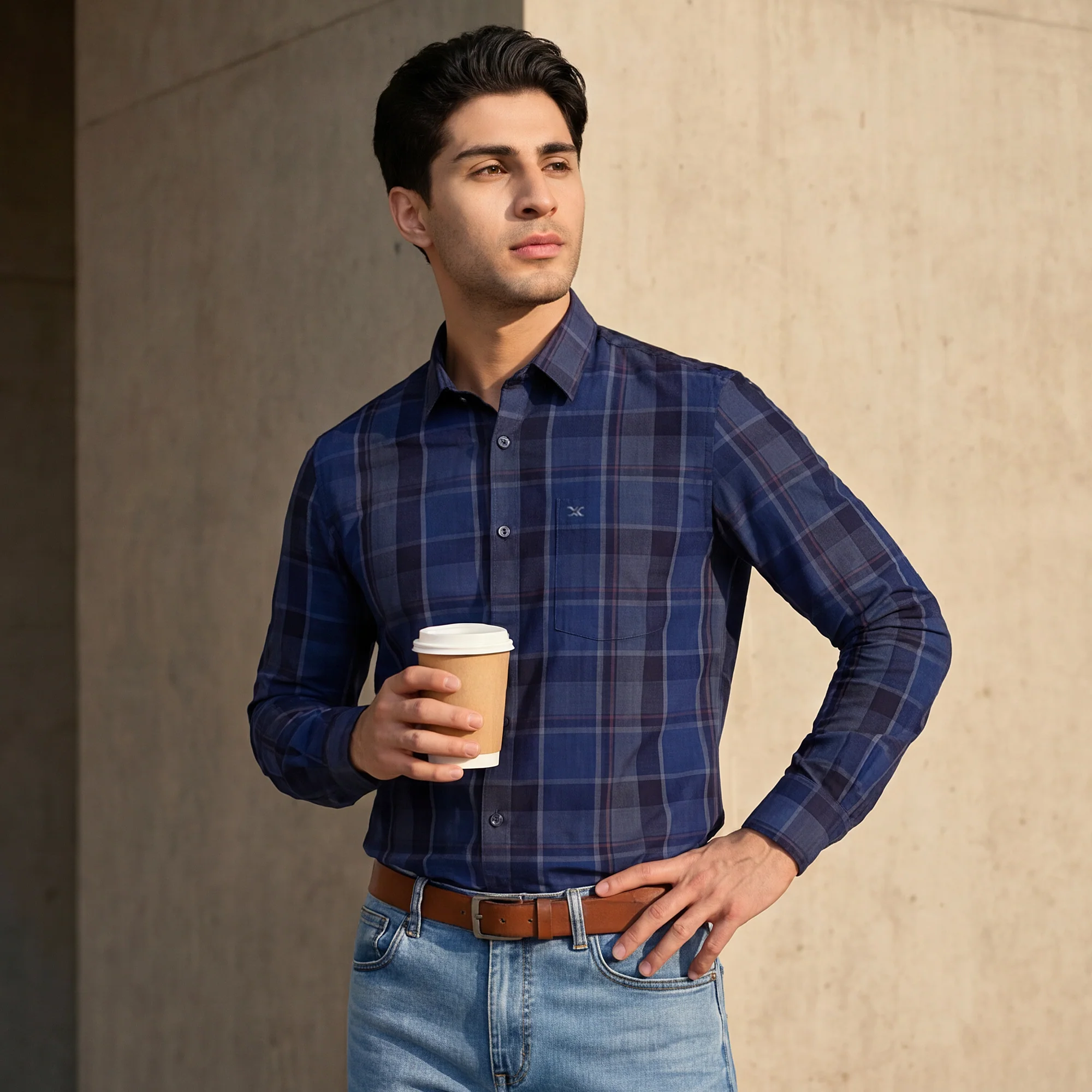 Full Sleeves Slim Fit Navy Tonal Checks Shirt - Image 2
