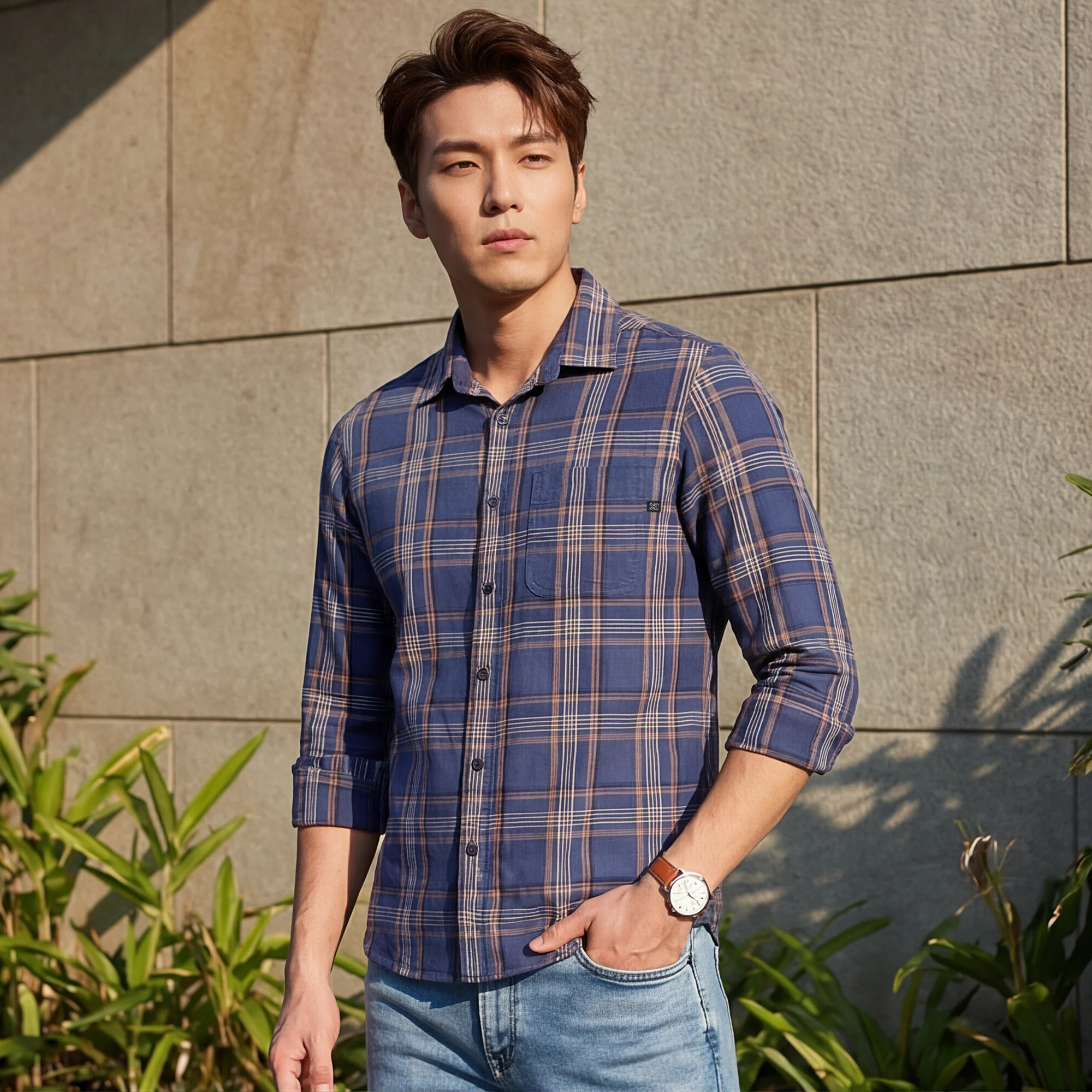 Full Sleeves Slim Fit Slate Blue Cavalry Checks Shirt - Image 2