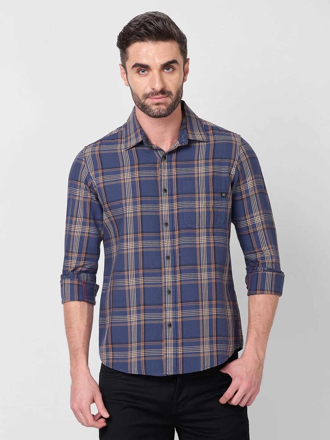 Full Sleeves Slim Fit Slate Blue Cavalry Checks Shirt - Image 3