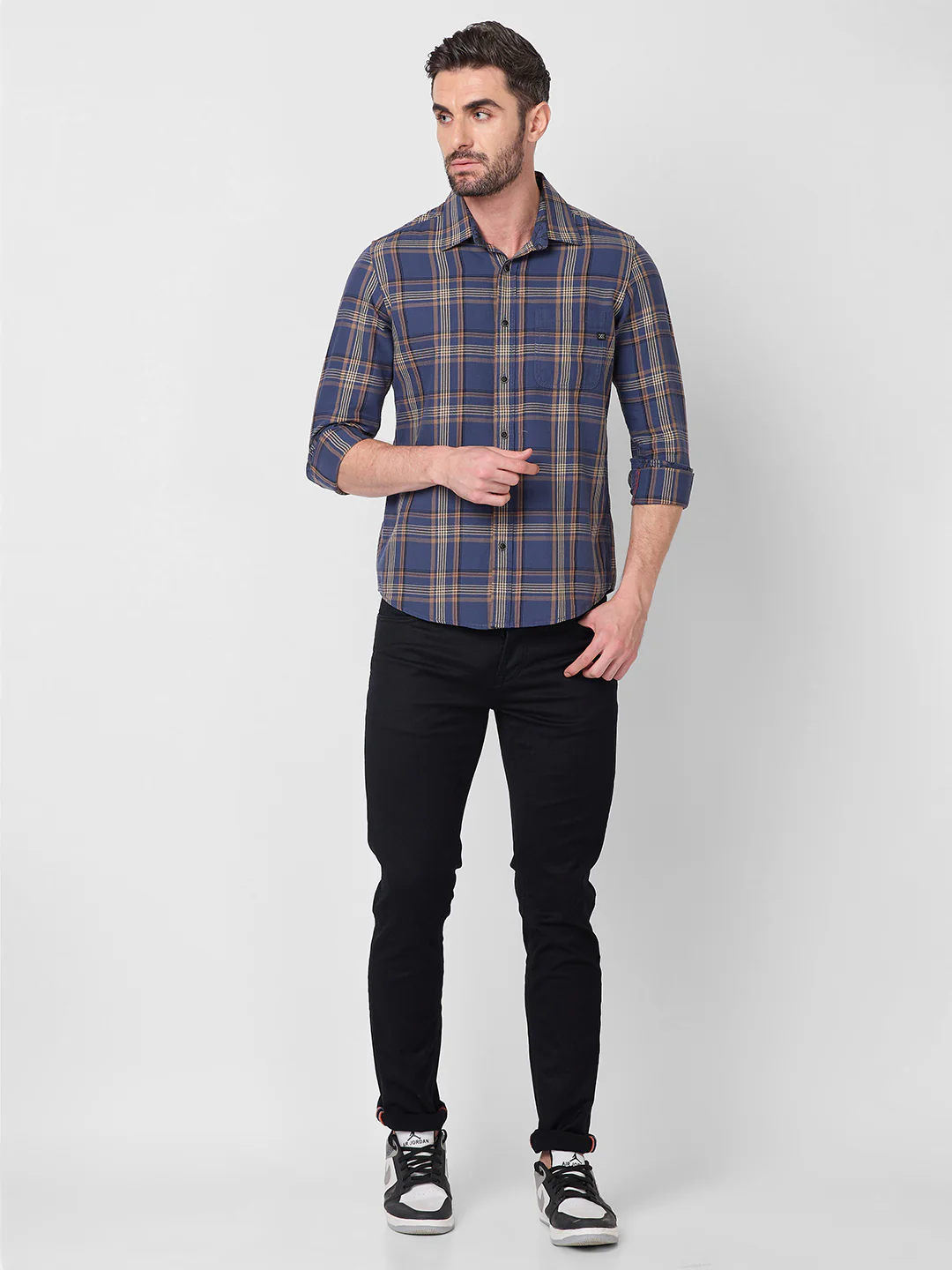 Full Sleeves Slim Fit Slate Blue Cavalry Checks Shirt - Image 4
