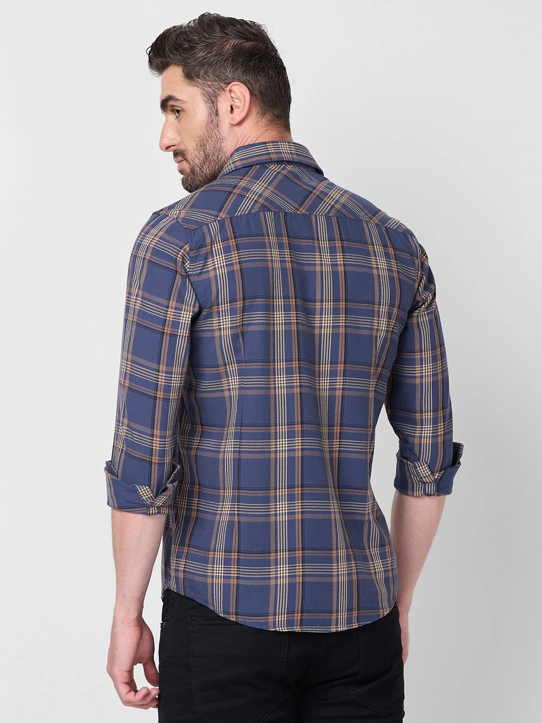 Full Sleeves Slim Fit Slate Blue Cavalry Checks Shirt - Image 5