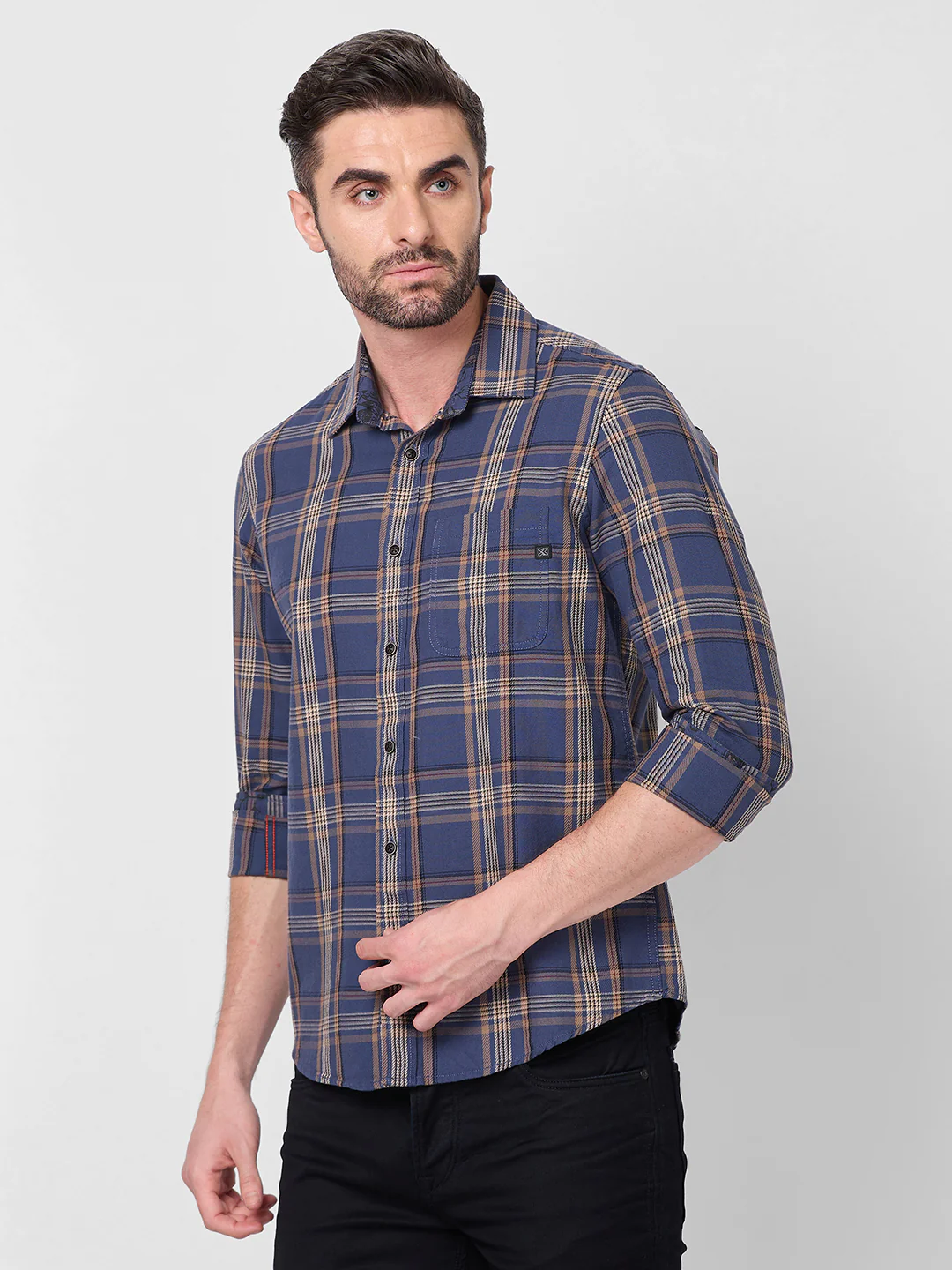 Full Sleeves Slim Fit Slate Blue Cavalry Checks Shirt - Image 6