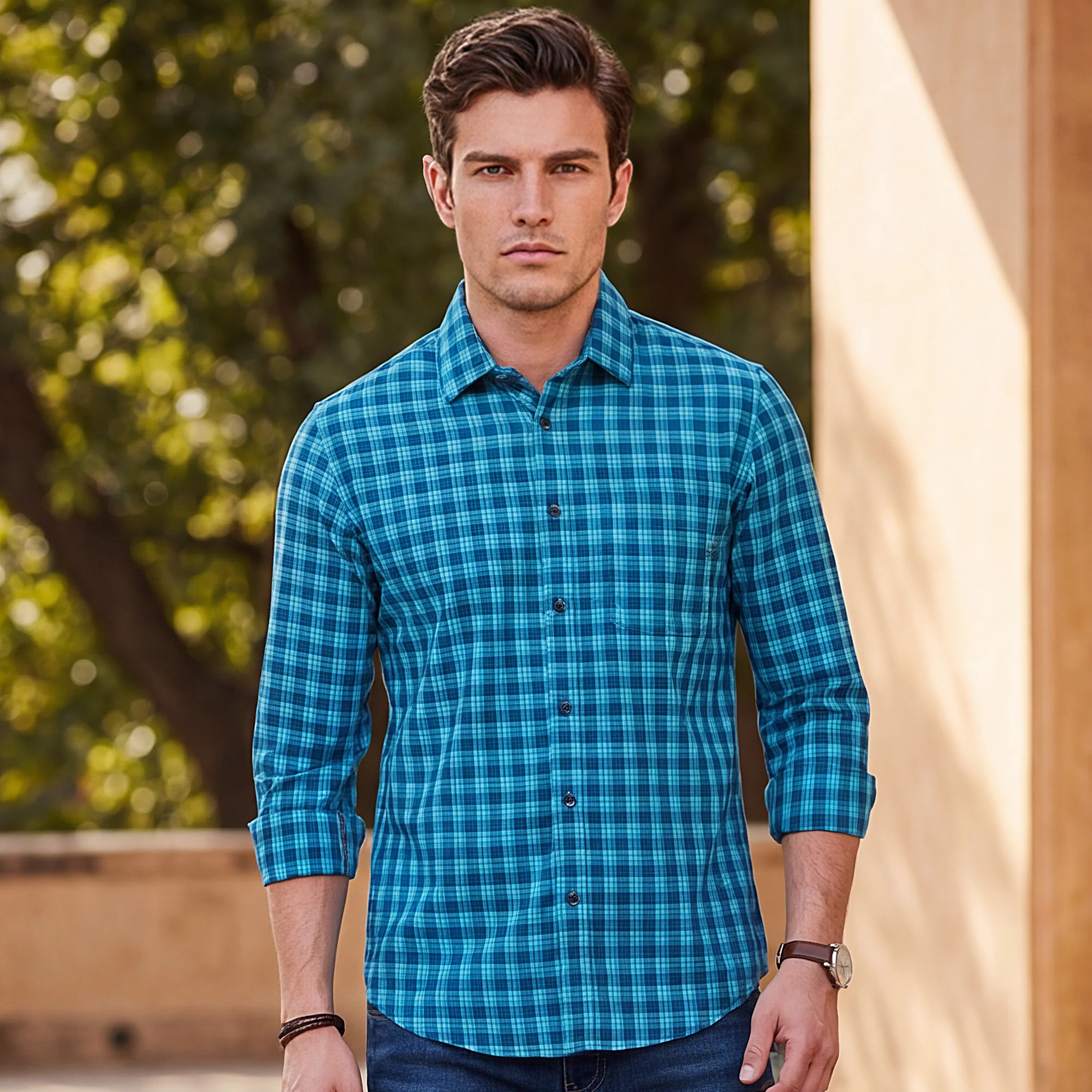 Full Sleeves Slim Fit Teal Blue Small Checks Shirt - Image 2