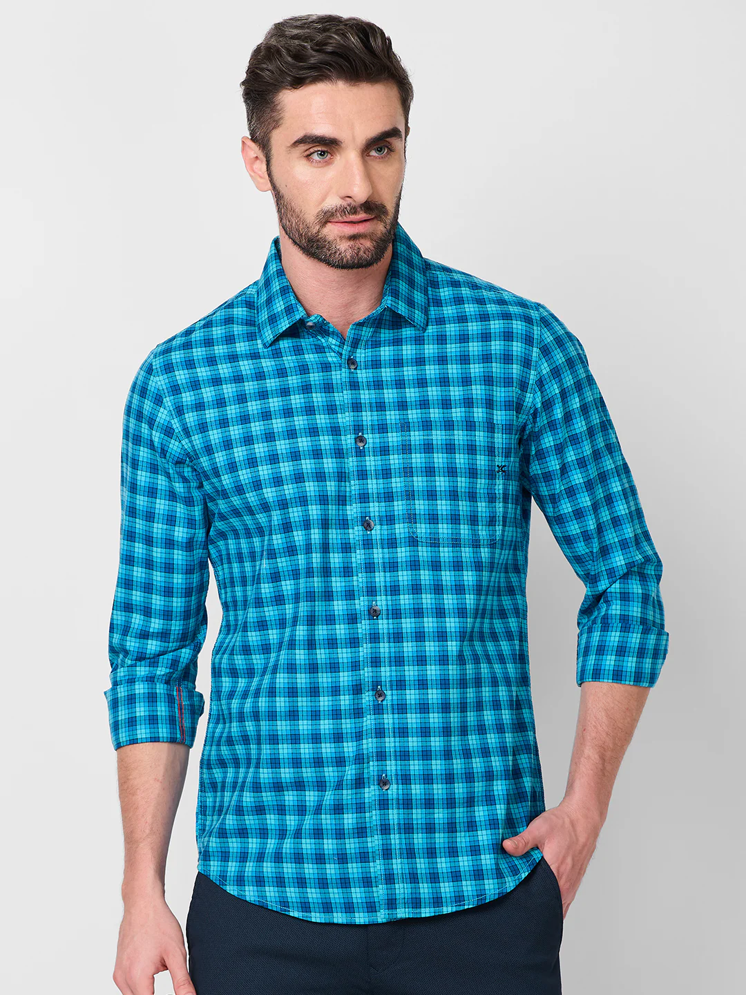 Full Sleeves Slim Fit Teal Blue Small Checks Shirt - Image 3