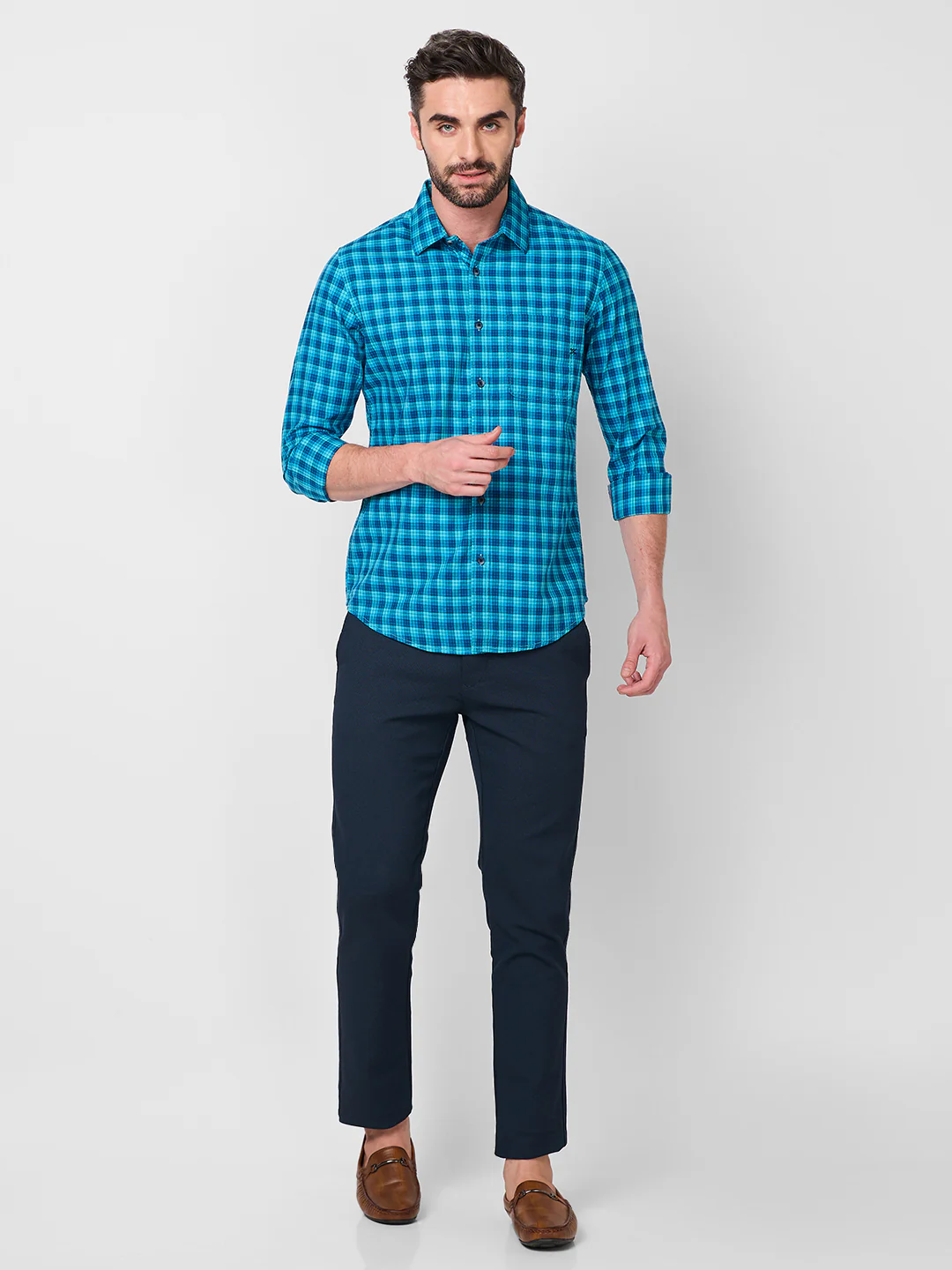 Full Sleeves Slim Fit Teal Blue Small Checks Shirt - Image 4