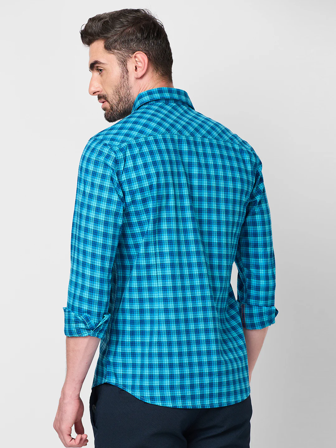 Full Sleeves Slim Fit Teal Blue Small Checks Shirt - Image 5