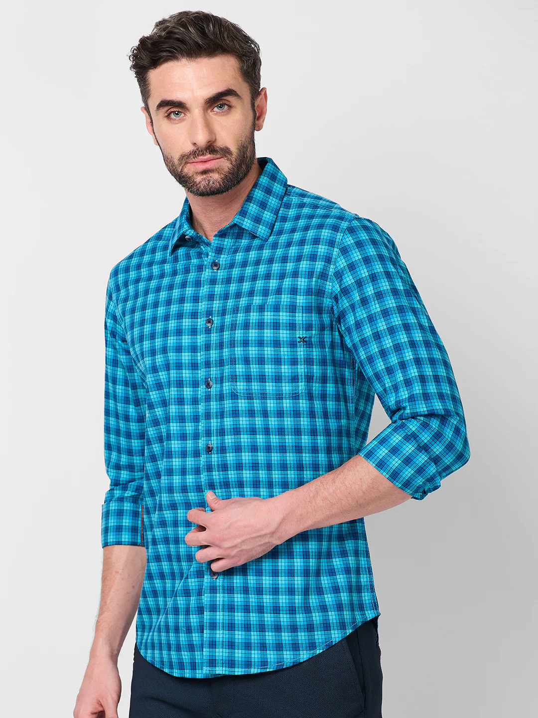 Full Sleeves Slim Fit Teal Blue Small Checks Shirt - Image 6