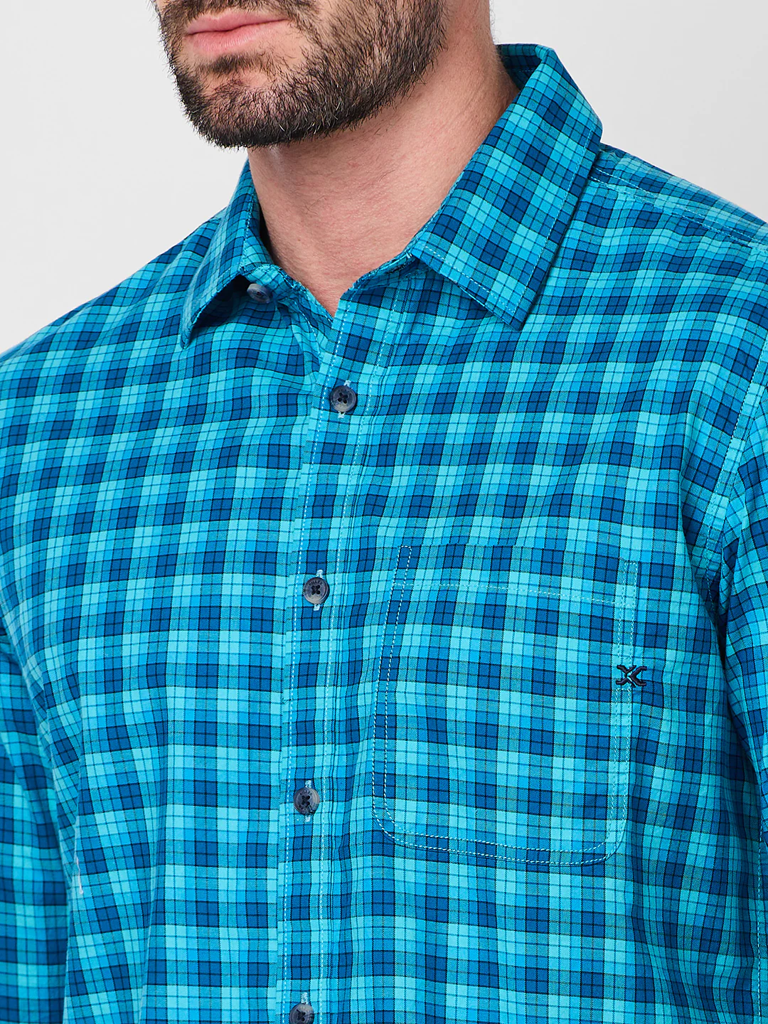 Full Sleeves Slim Fit Teal Blue Small Checks Shirt - Image 7