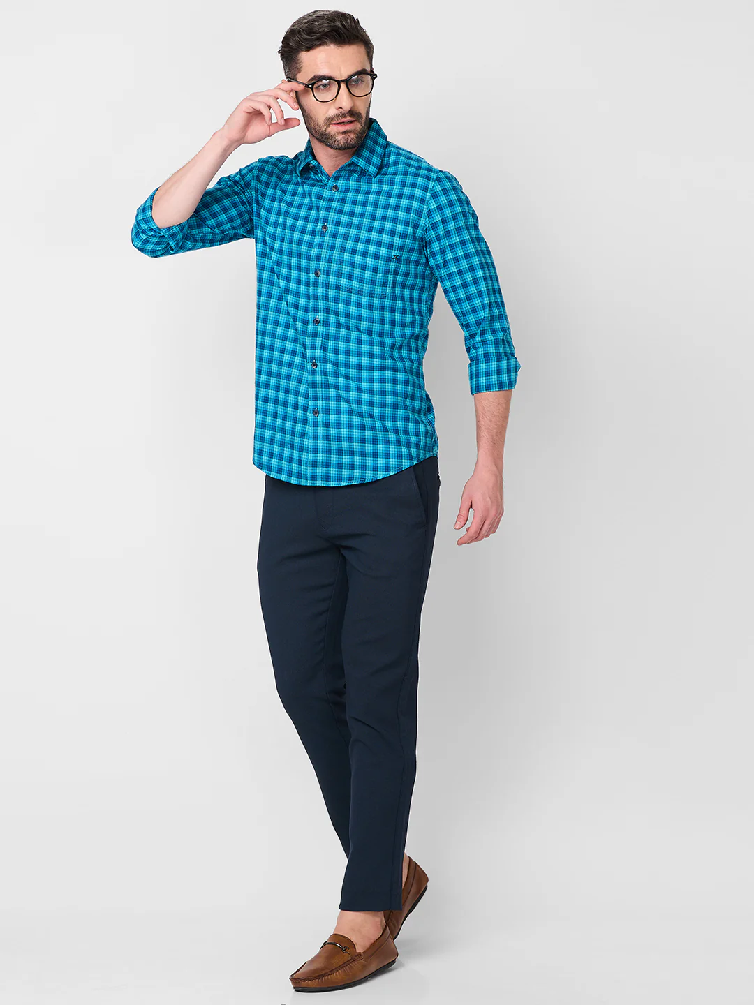 Full Sleeves Slim Fit Teal Blue Small Checks Shirt - Image 8