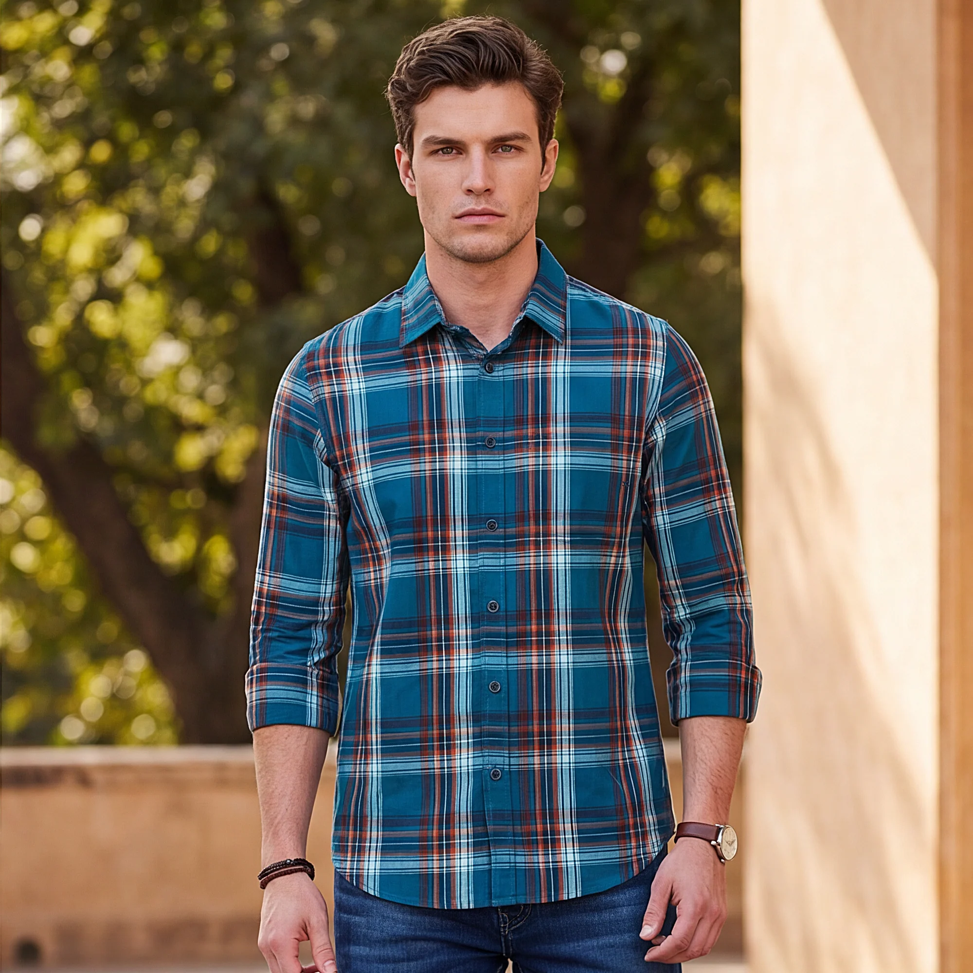 Full Sleeves Slim Fit Petrol Blue Checks Shirt - Image 2