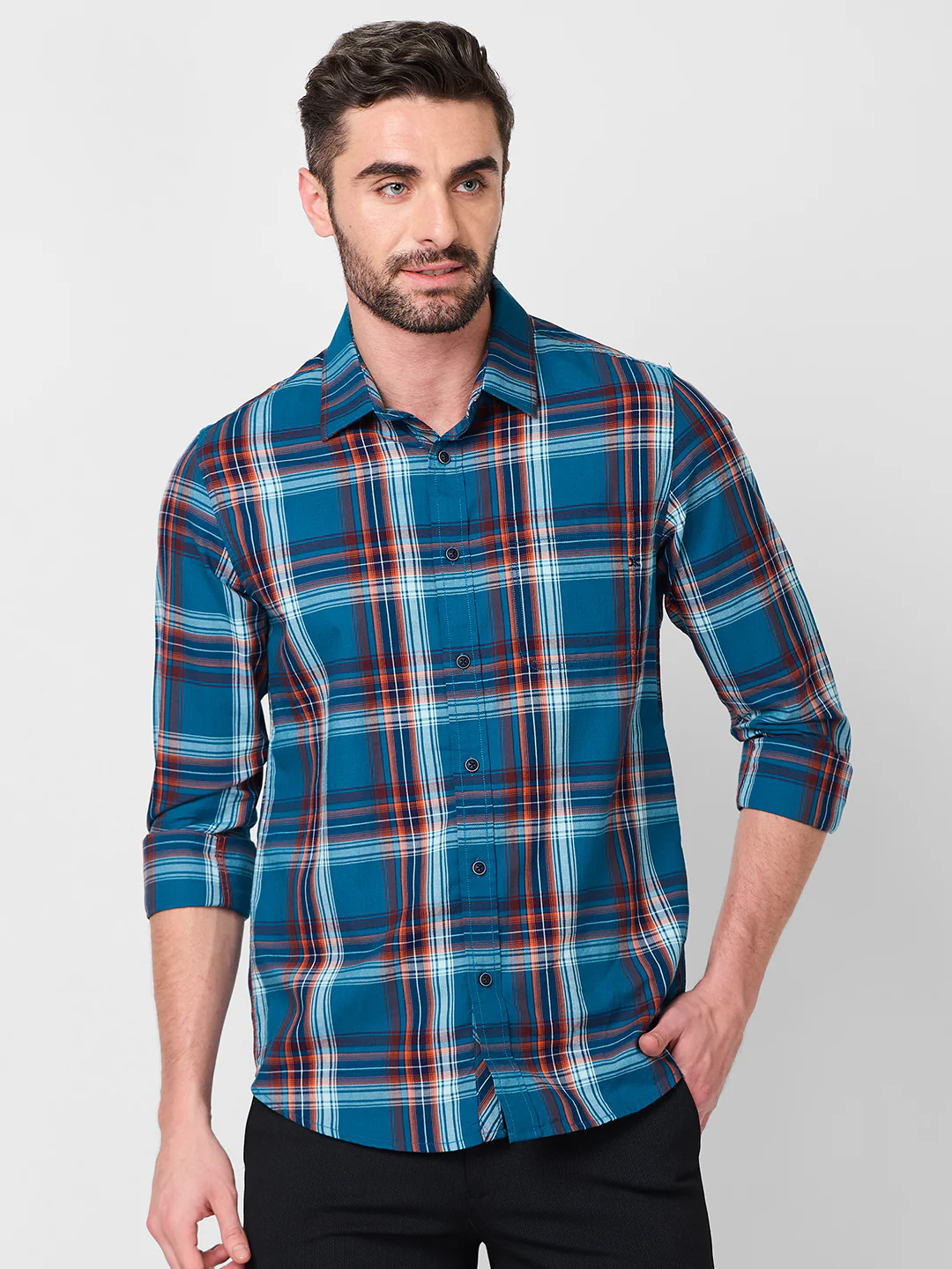 Full Sleeves Slim Fit Petrol Blue Checks Shirt - Image 3
