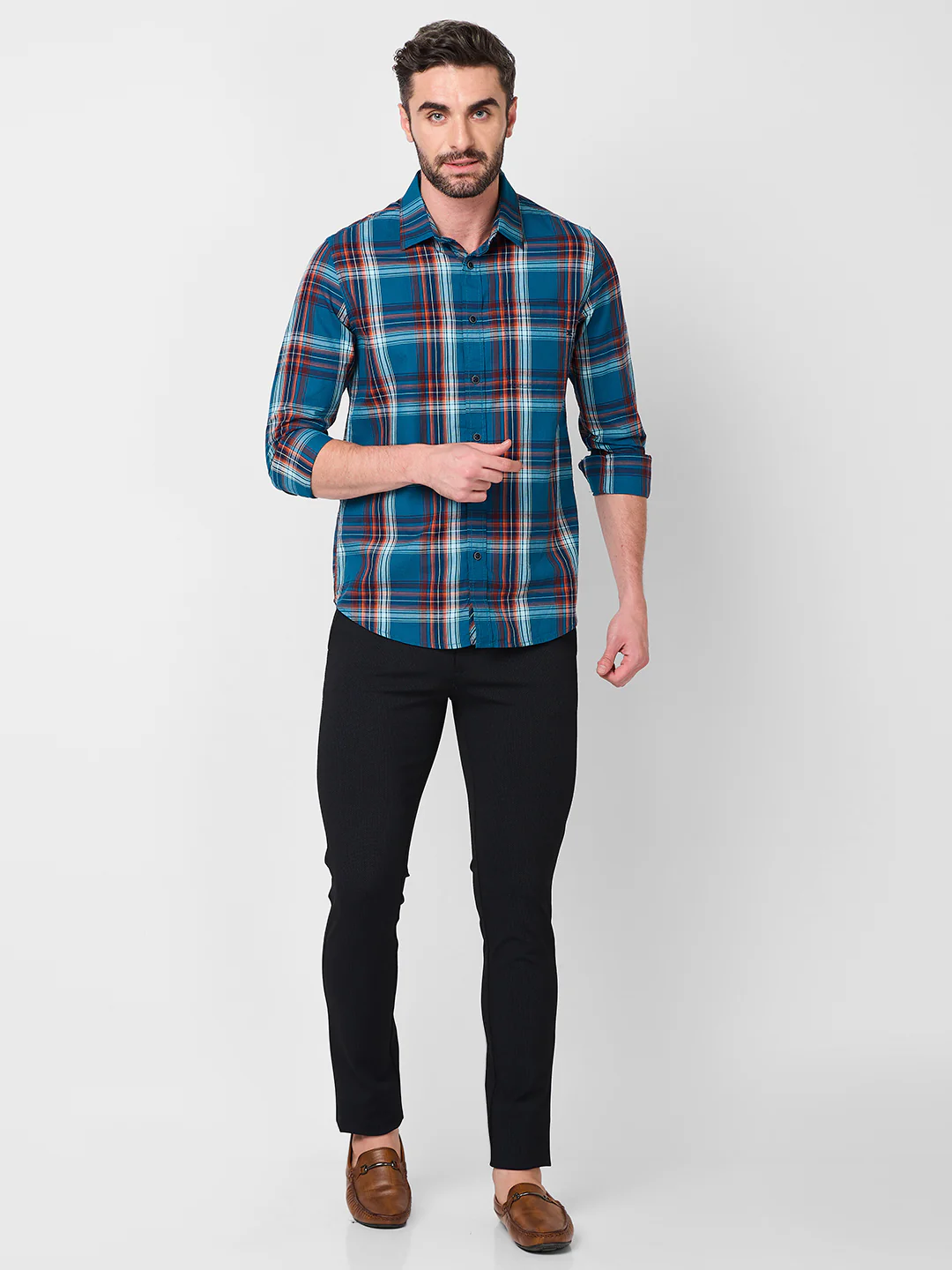 Full Sleeves Slim Fit Petrol Blue Checks Shirt - Image 4
