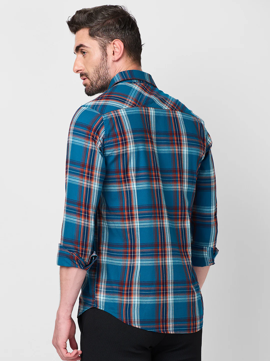 Full Sleeves Slim Fit Petrol Blue Checks Shirt - Image 5